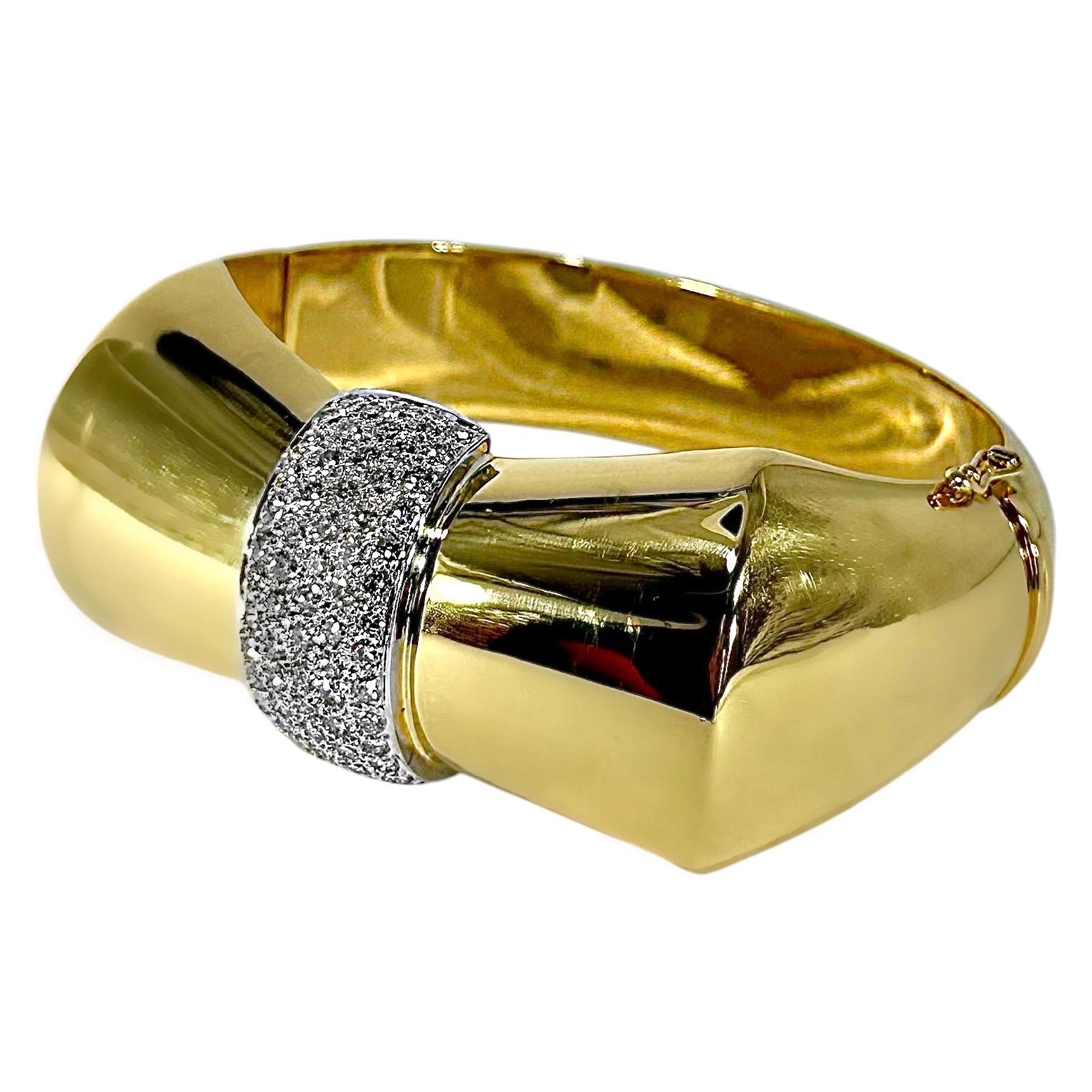 Retro Bold 18K Yellow Gold and Diamond Bow Motif Cuff Bracelet For Sale