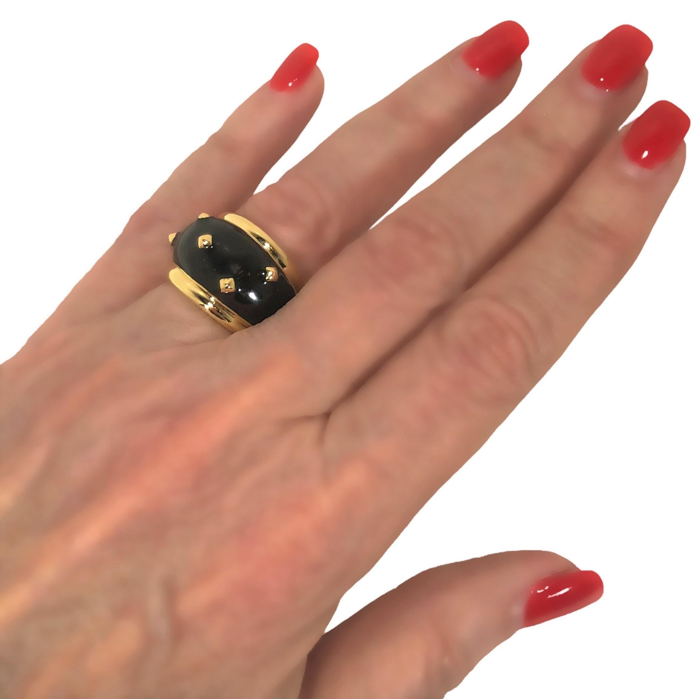 Women's Bold 18K Yellow Gold Bombe Black Enamel Ring with Gold Studs For Sale