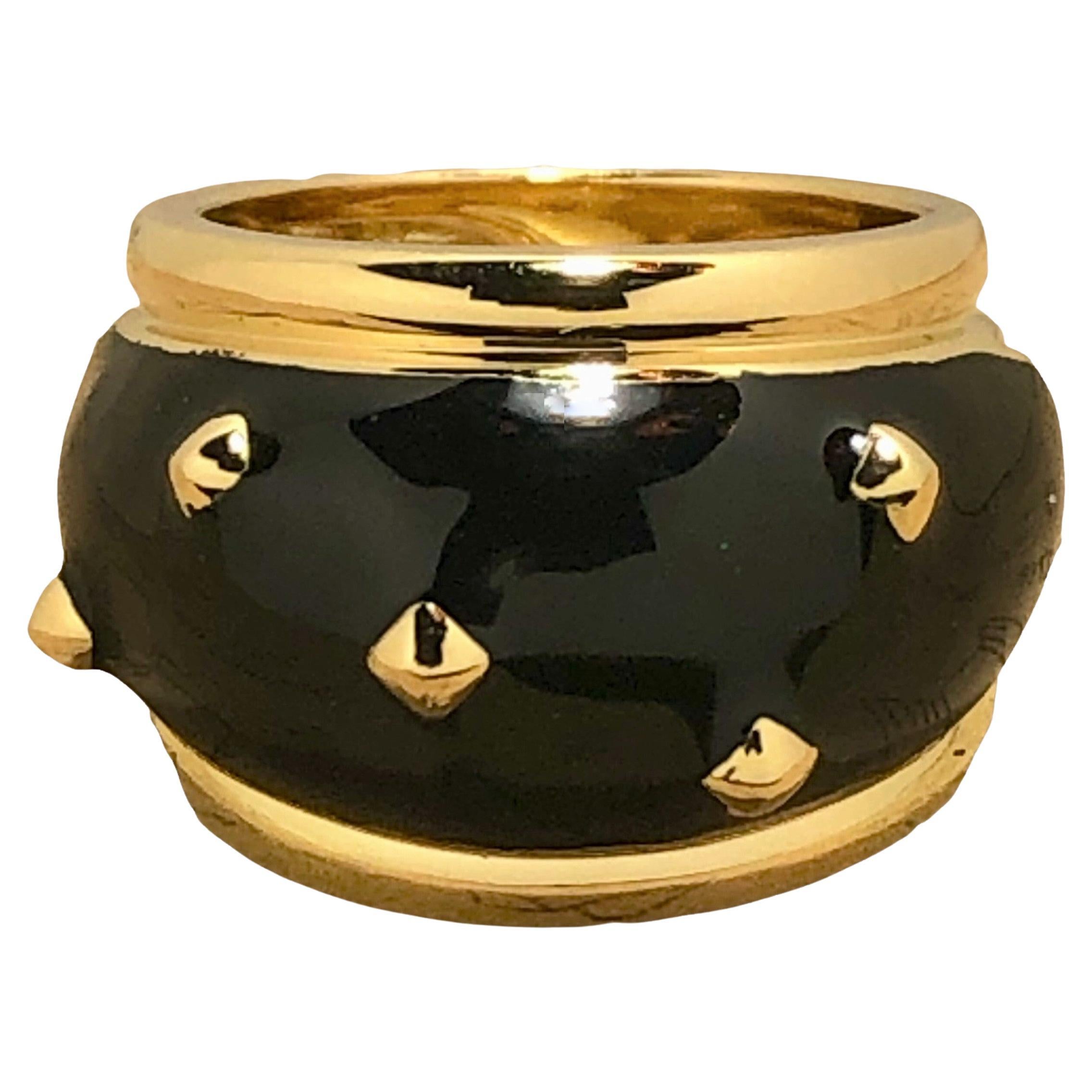 Bold 18K Yellow Gold Bombe Black Enamel Ring with Gold Studs