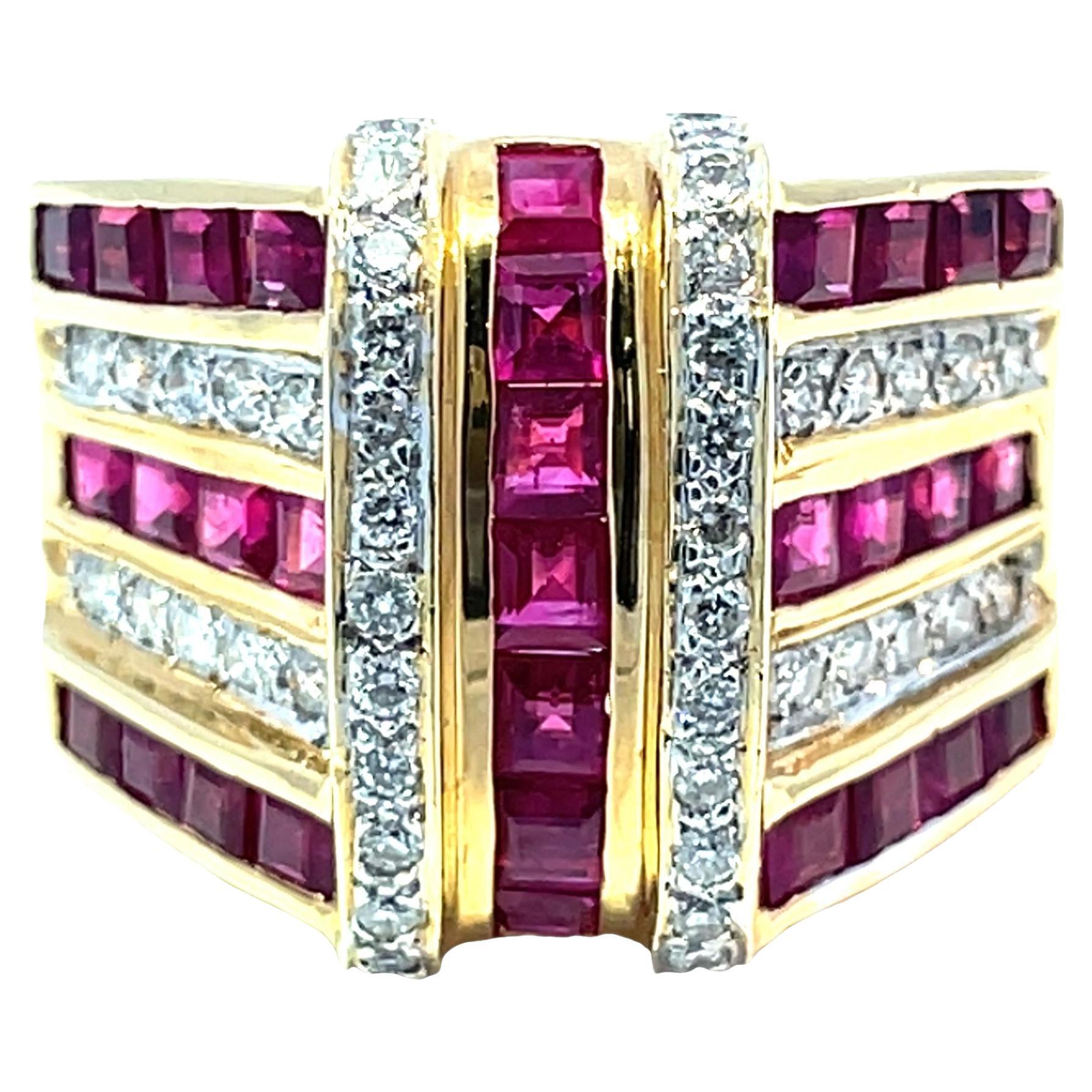 Bold 18K Yellow Gold Ruby and Diamond Ring For Sale