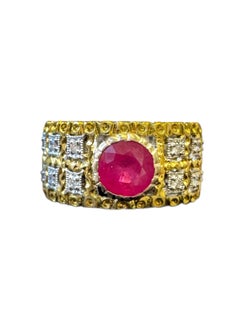 Bold 1970s 14K Yellow Gold Ruby and Diamond Ring