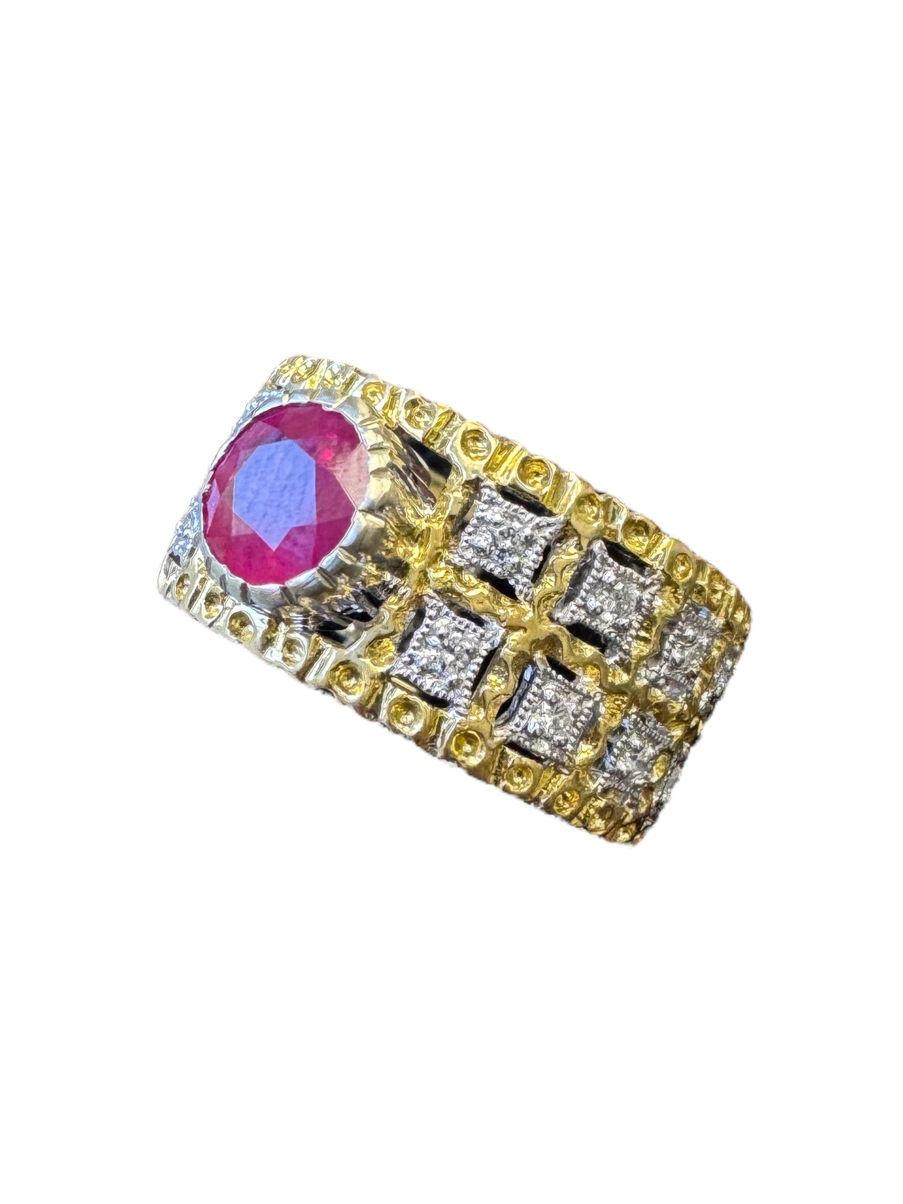 da uomo o donna Audace anello anni '70 in oro giallo 14K con rubino e diamanti in vendita