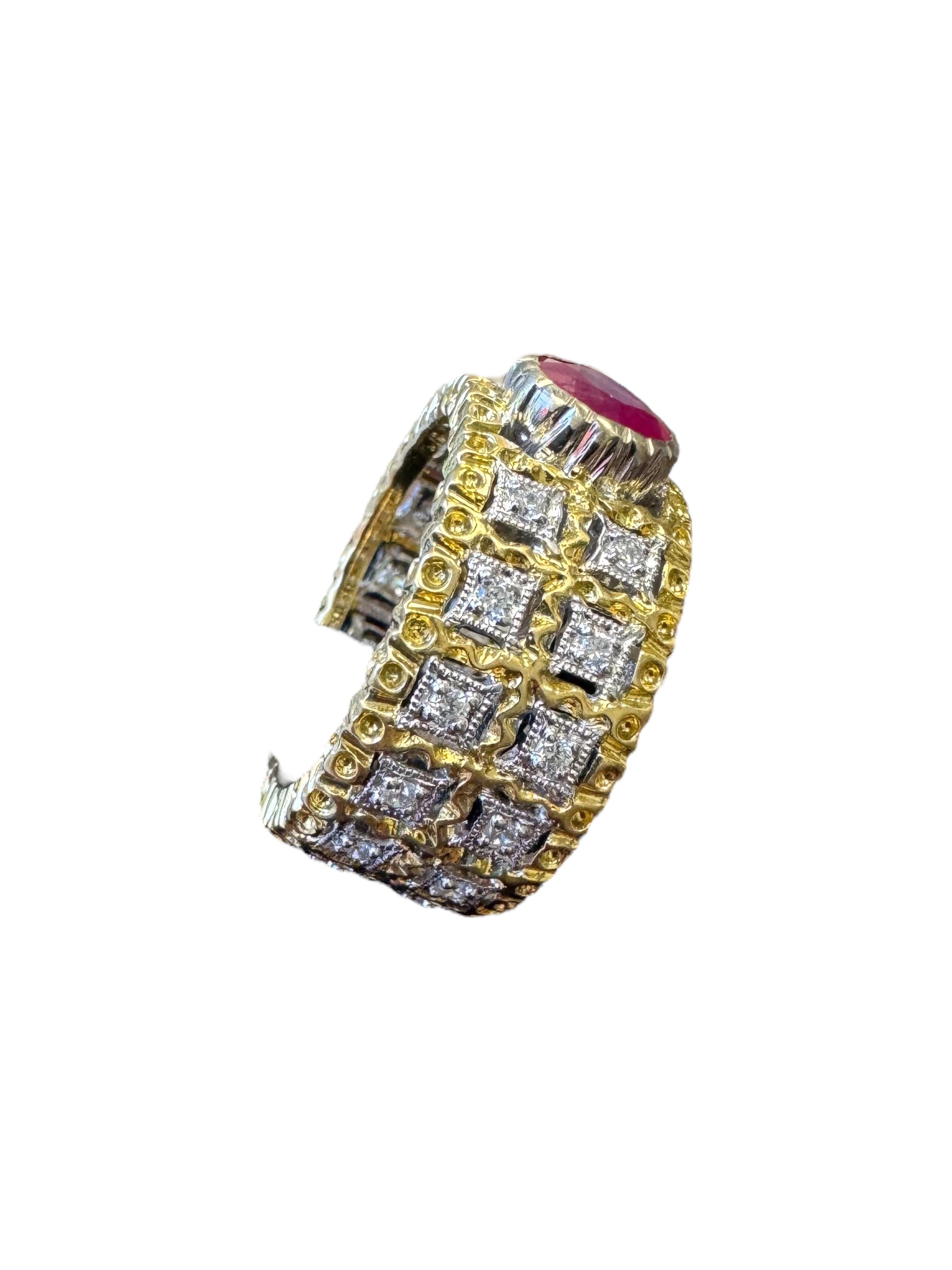 Audace anello anni '70 in oro giallo 14K con rubino e diamanti in vendita 1