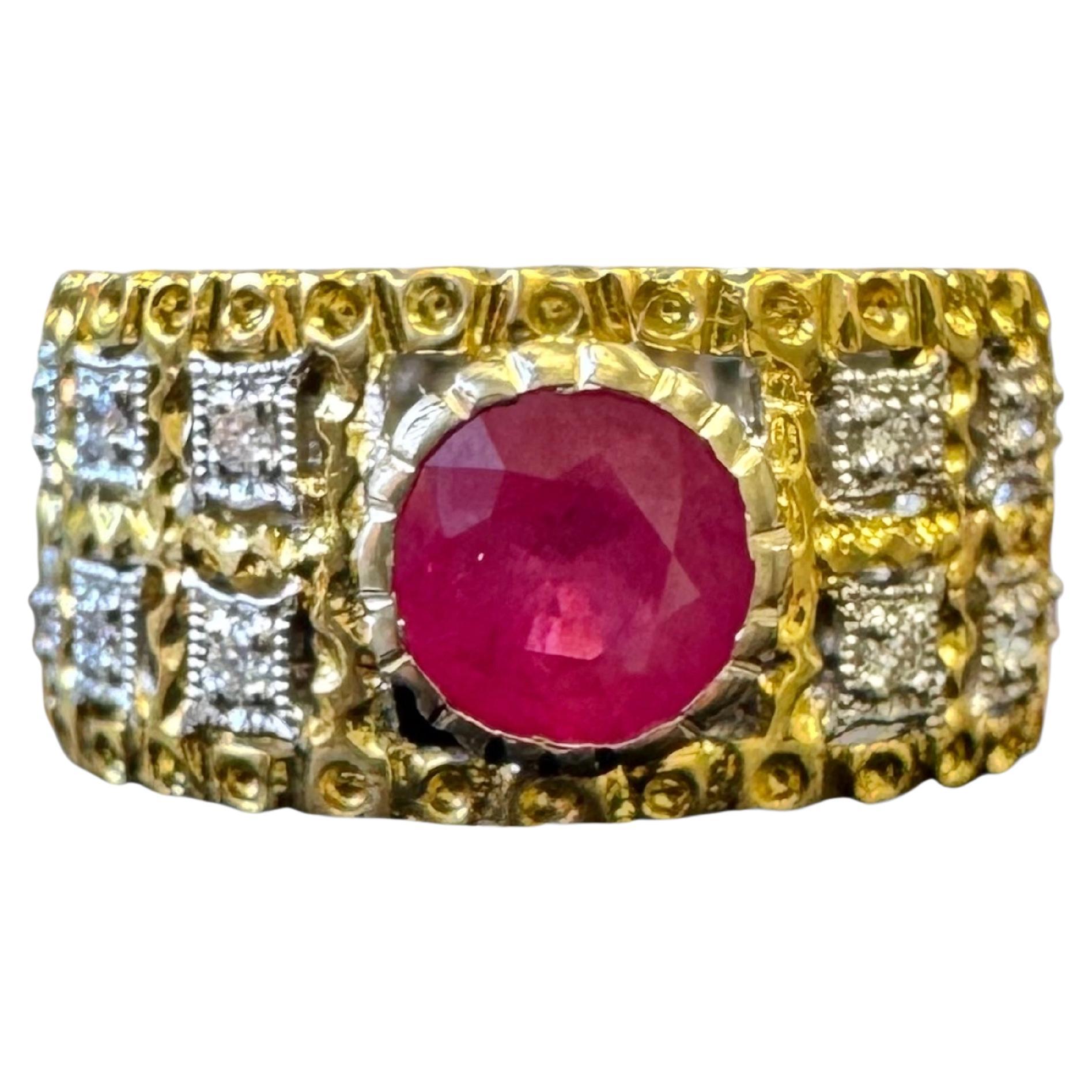 Audace anello anni '70 in oro giallo 14K con rubino e diamanti