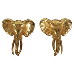 Bold 1980s Oversized Dominique Aurientis Paris Gilt Gold Elephant Clip Earrings