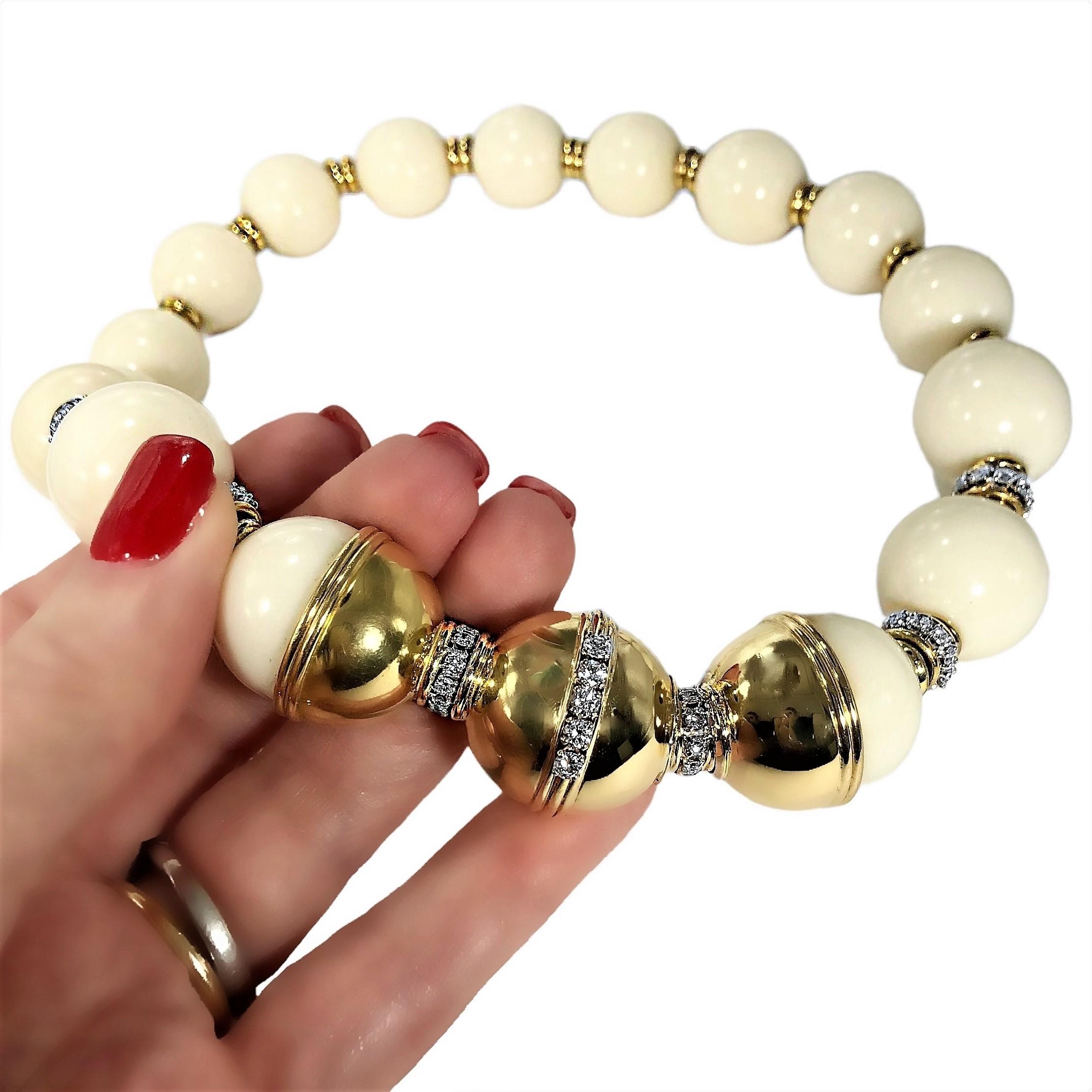 Bold, 23mm White Coral Bead, 18K Yellow Gold & Diamond Necklace by Emis Beros 4