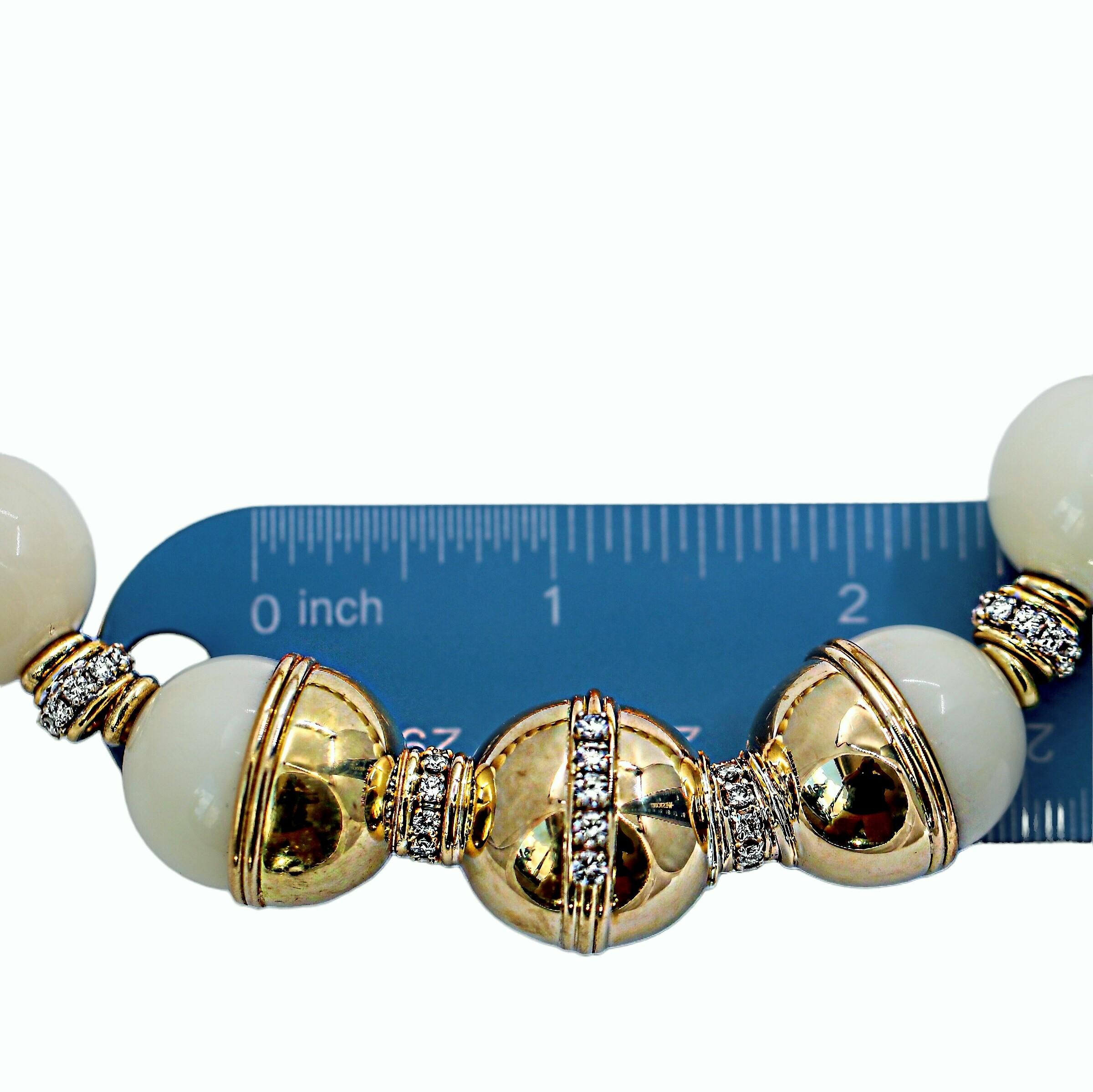 Brilliant Cut Bold, 23mm White Coral Bead, 18K Yellow Gold & Diamond Necklace by Emis Beros