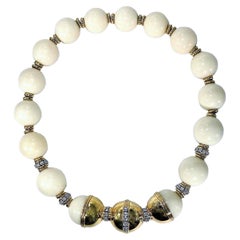 Bold, 23mm White Coral Bead, 18K Yellow Gold & Diamond Necklace by Emis Beros