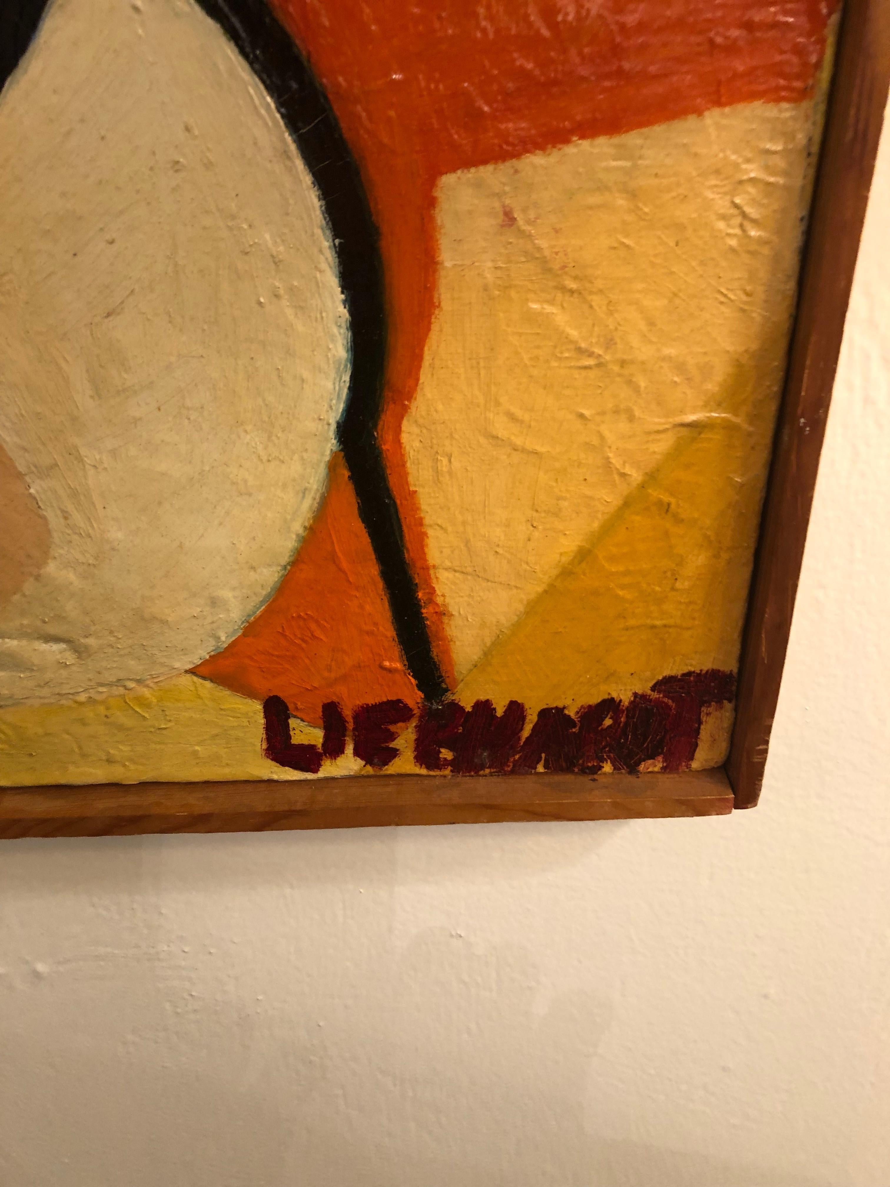 Medium sized original painting with big impact. Abstract geometric forms in a striking color palette. Signed lower right.