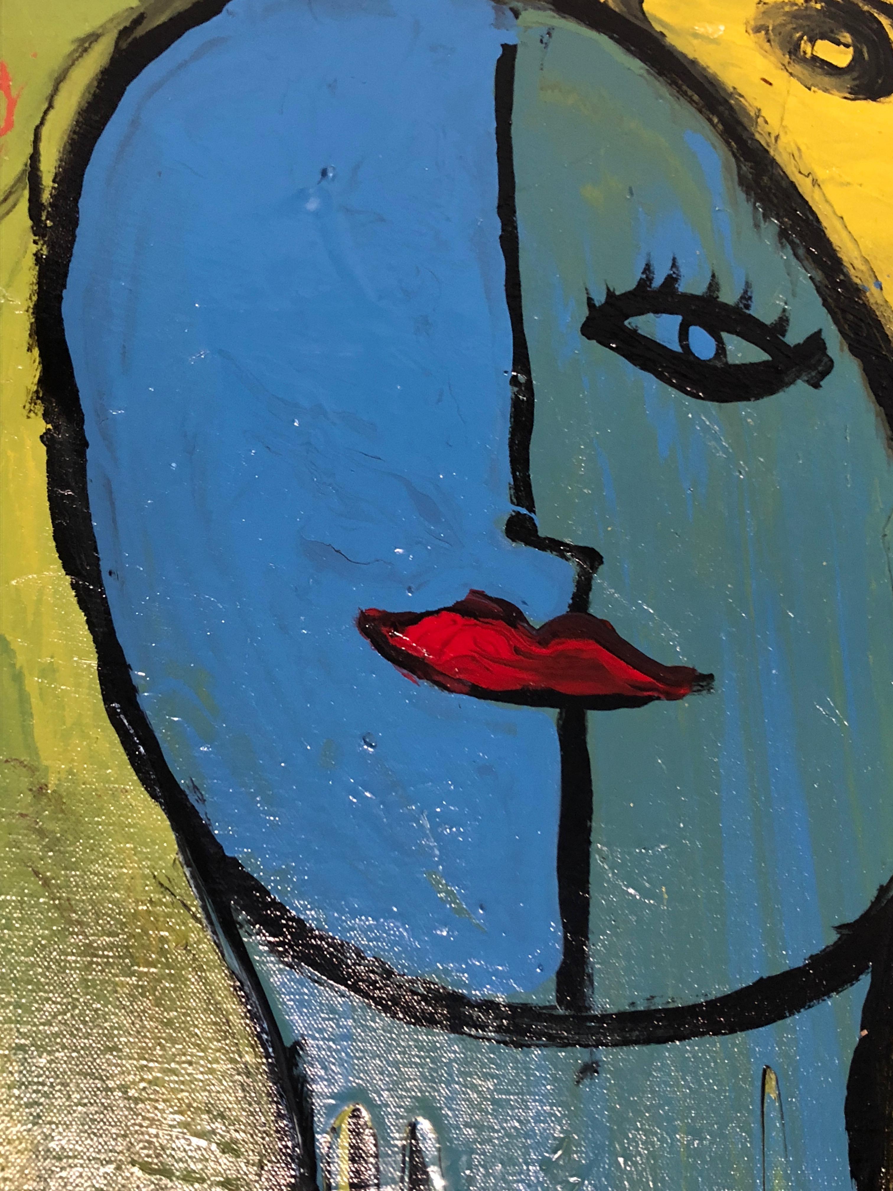 Large midcentury oil abstract on canvas of a woman. The blues and yellows used are especially vibrant and dramatic. Frame has traces of blue paint. Unsigned.