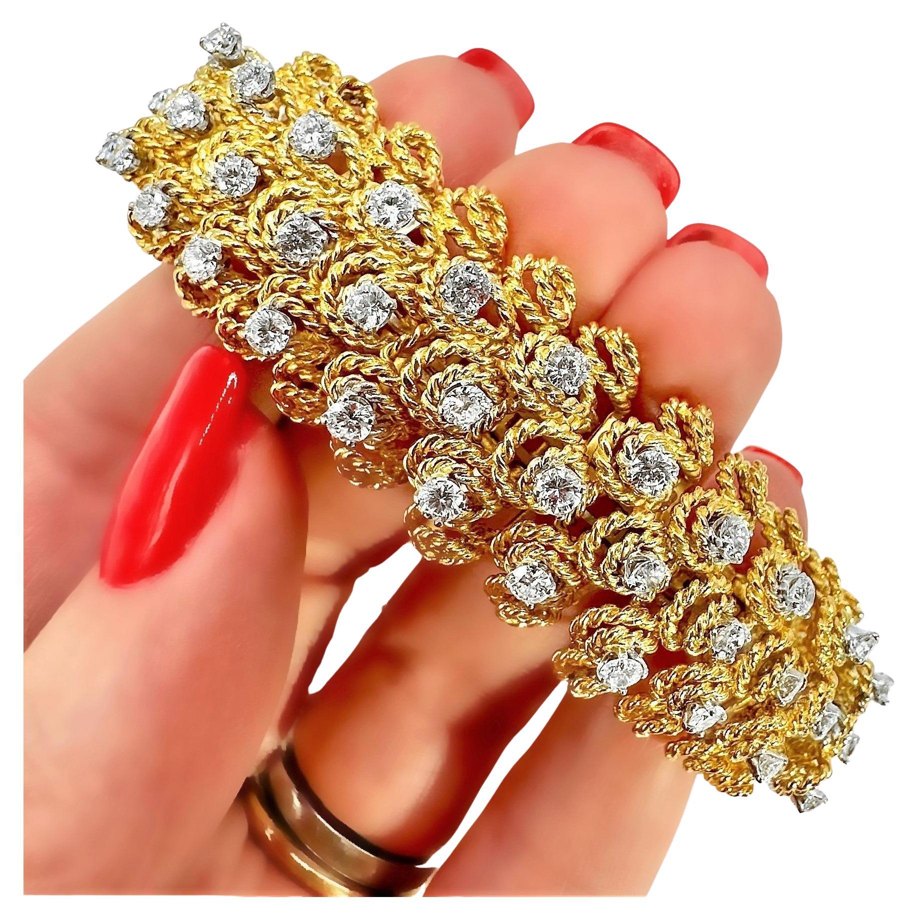 Brilliant Cut Bold American 1960's 18K Yellow Gold Cocktail Bracelet with 3 Rows of Diamonds