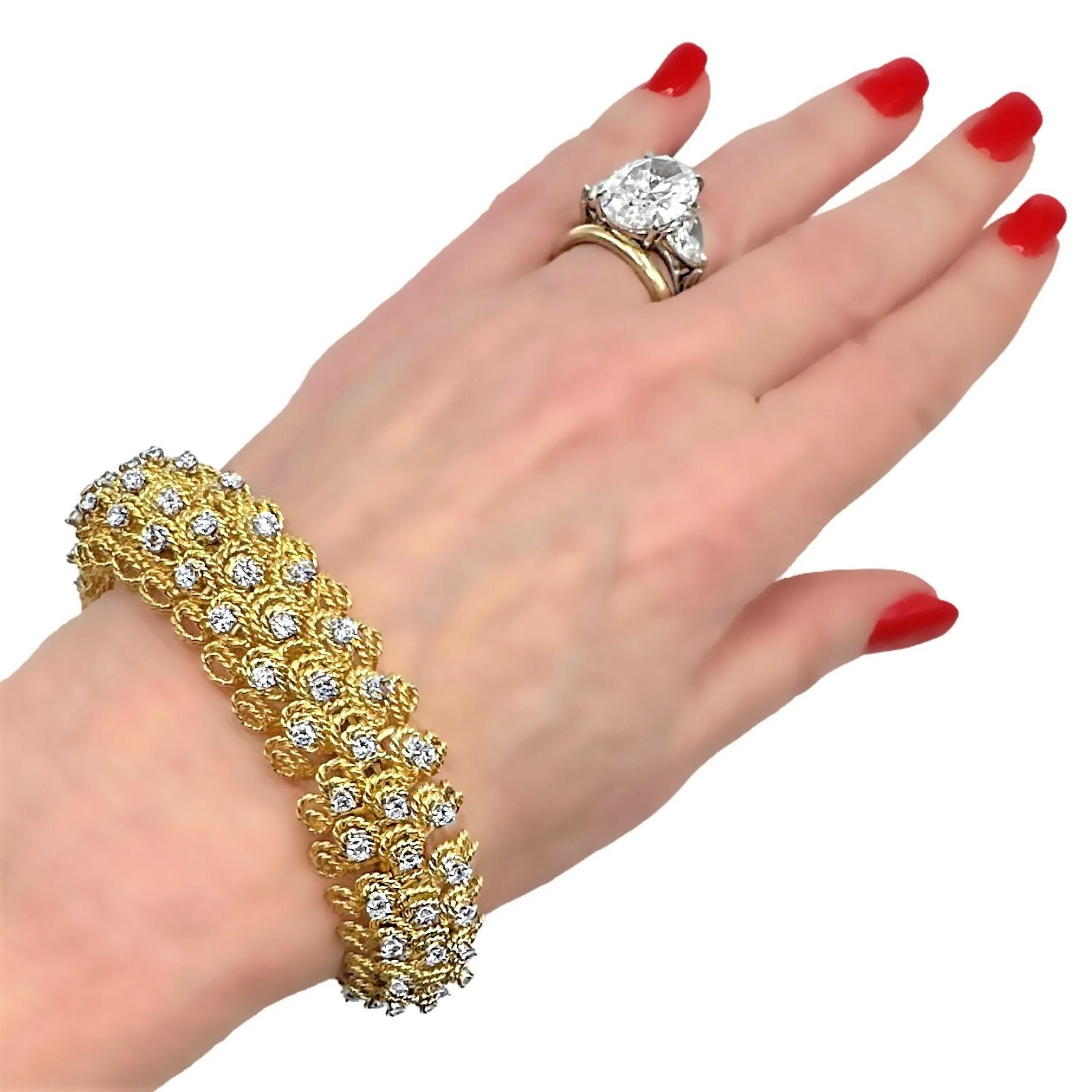 Women's Bold American 1960's 18K Yellow Gold Cocktail Bracelet with 3 Rows of Diamonds