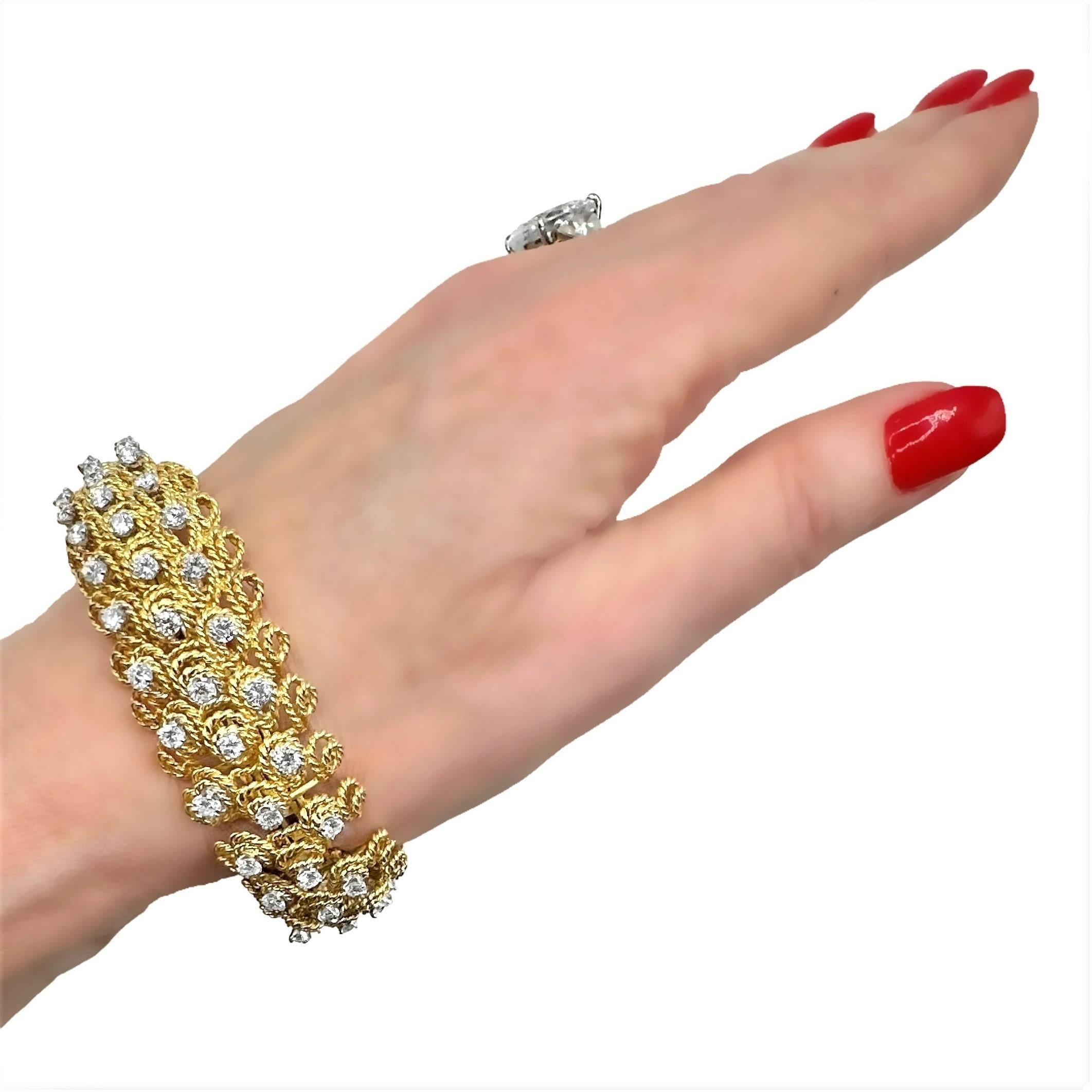 Bold American 1960's 18K Yellow Gold Cocktail Bracelet with 3 Rows of Diamonds 1