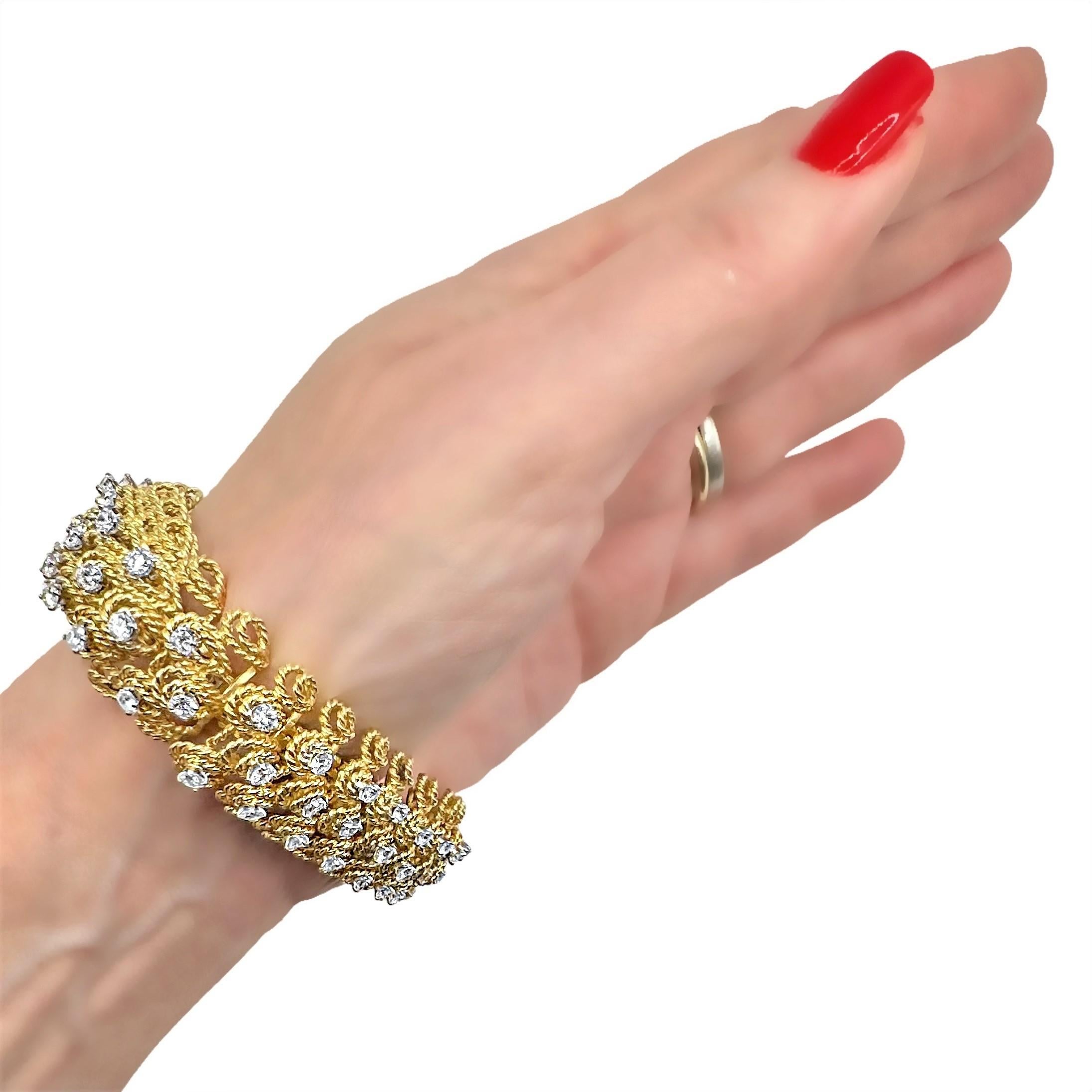 Bold American 1960's 18K Yellow Gold Cocktail Bracelet with 3 Rows of Diamonds 2