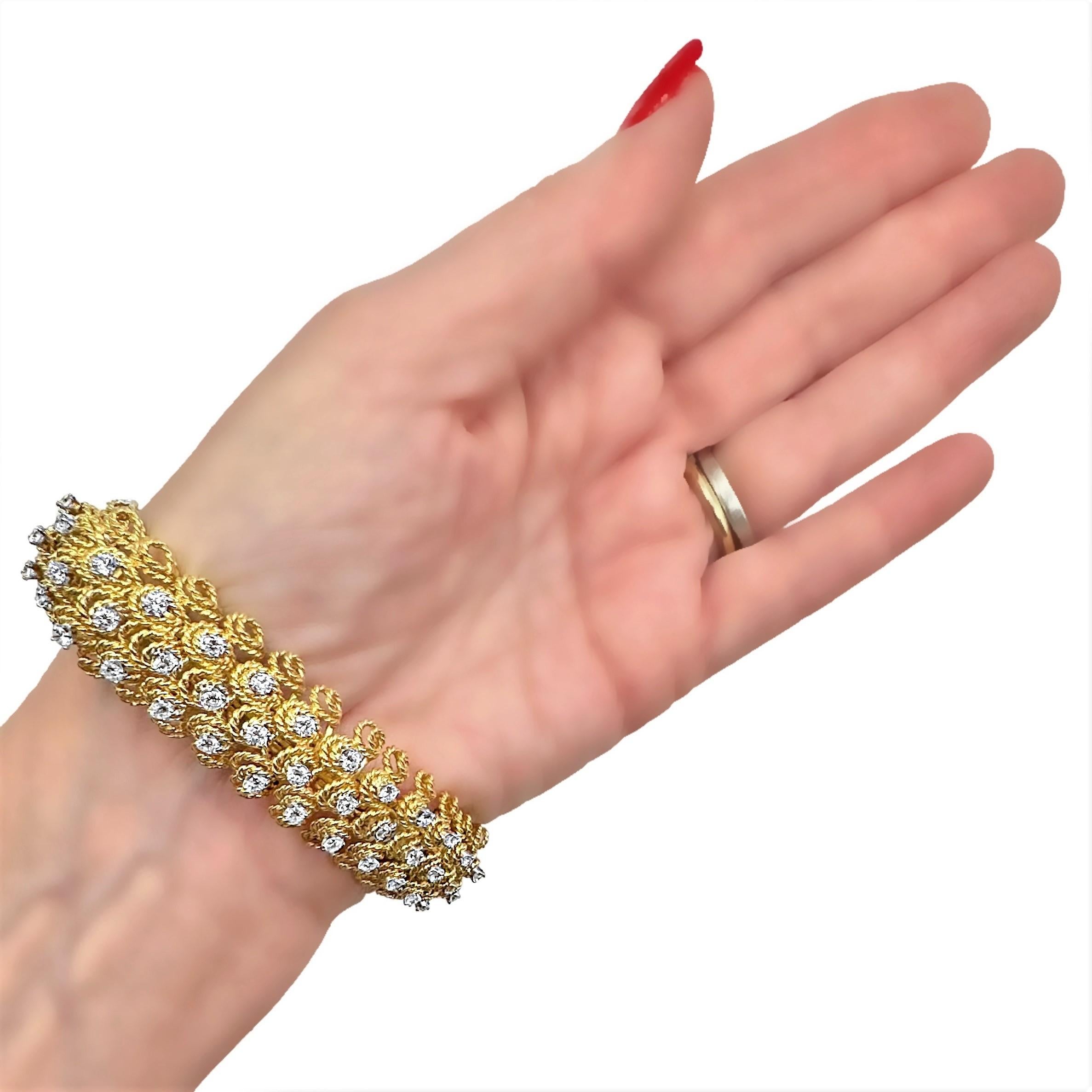 Bold American 1960's 18K Yellow Gold Cocktail Bracelet with 3 Rows of Diamonds 3