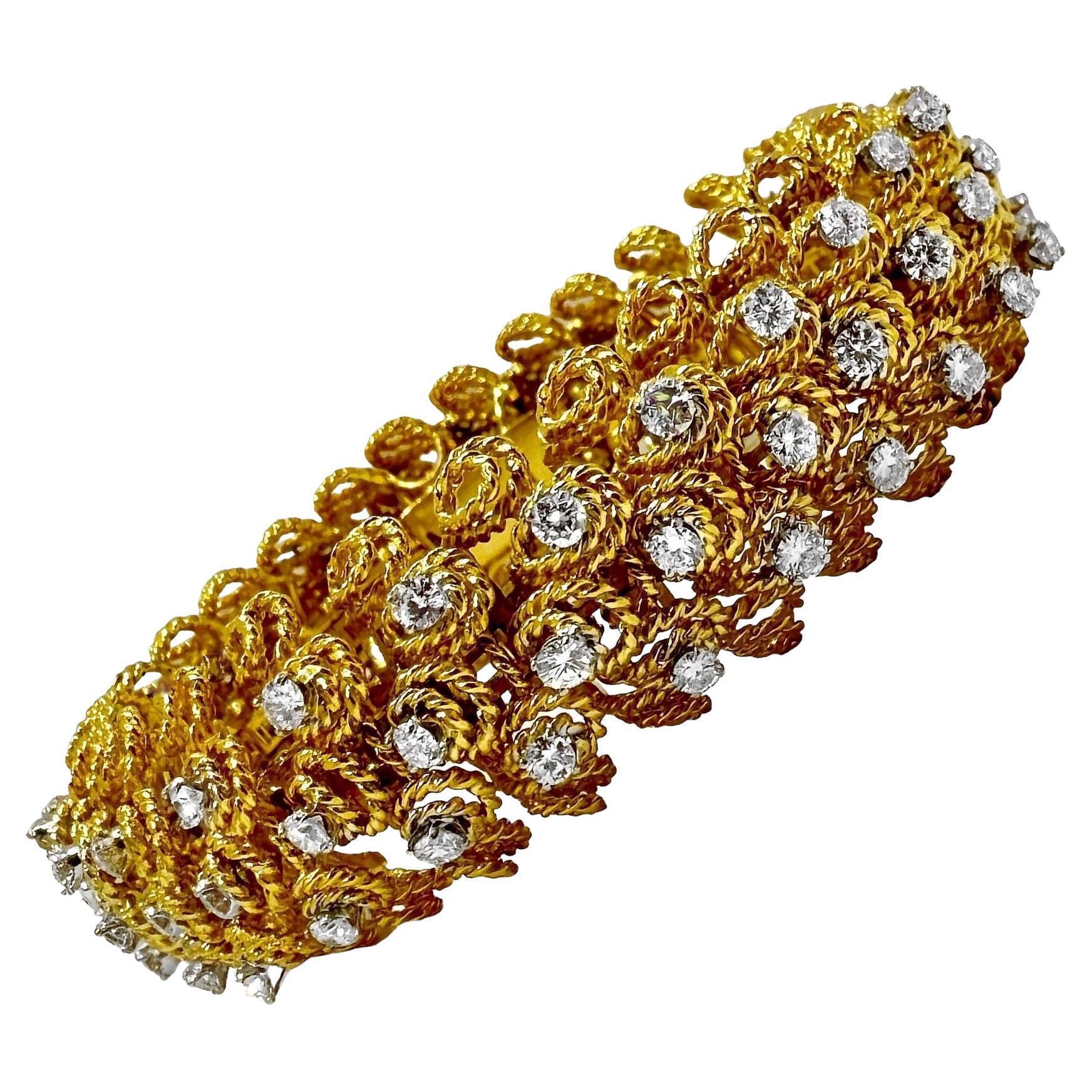 Bold American 1960's 18K Yellow Gold Cocktail Bracelet with 3 Rows of Diamonds