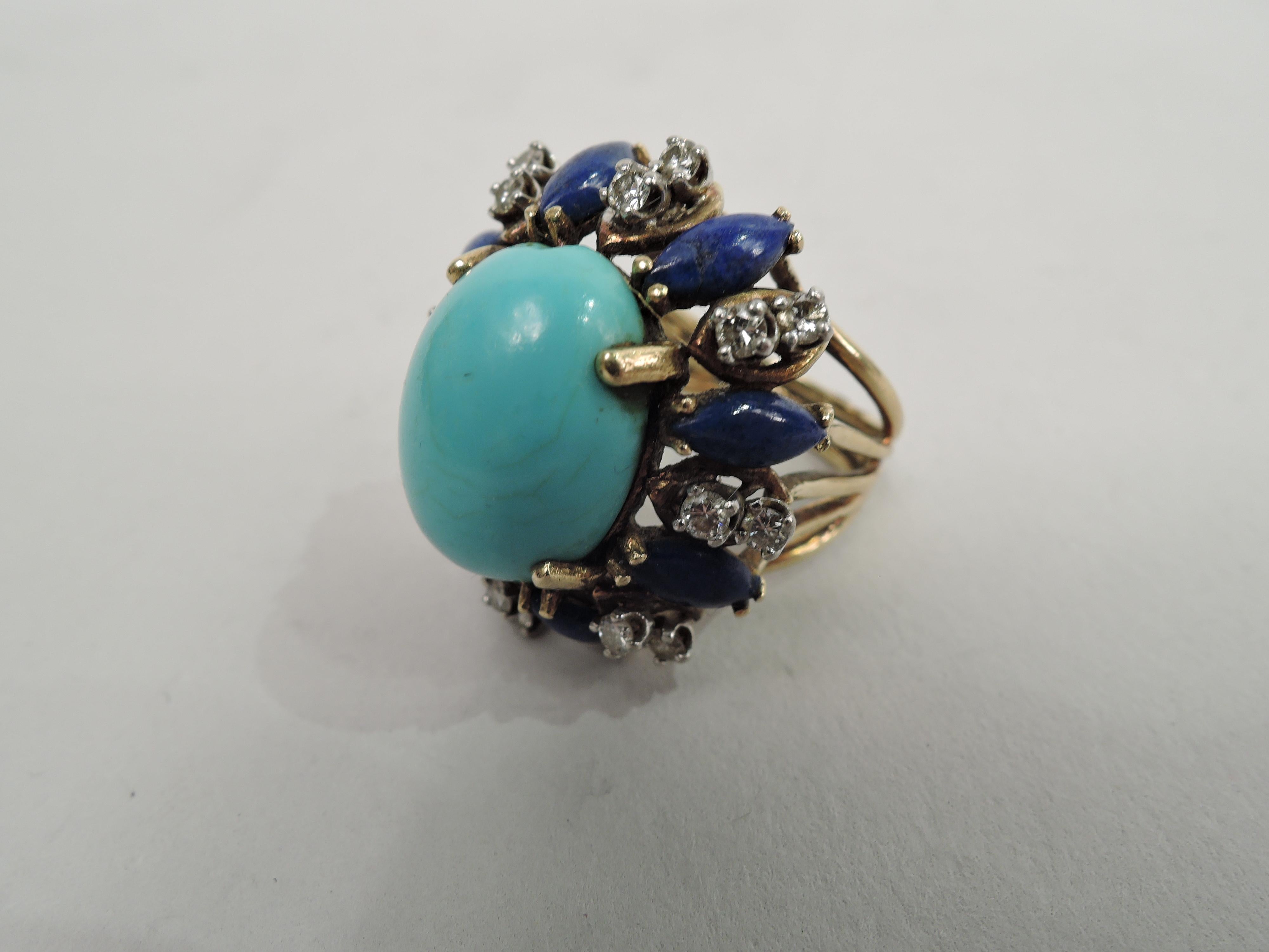 Moderner amerikanischer Cocktailring mit Türkis, Lapis, und Diamanten (Cabochon)