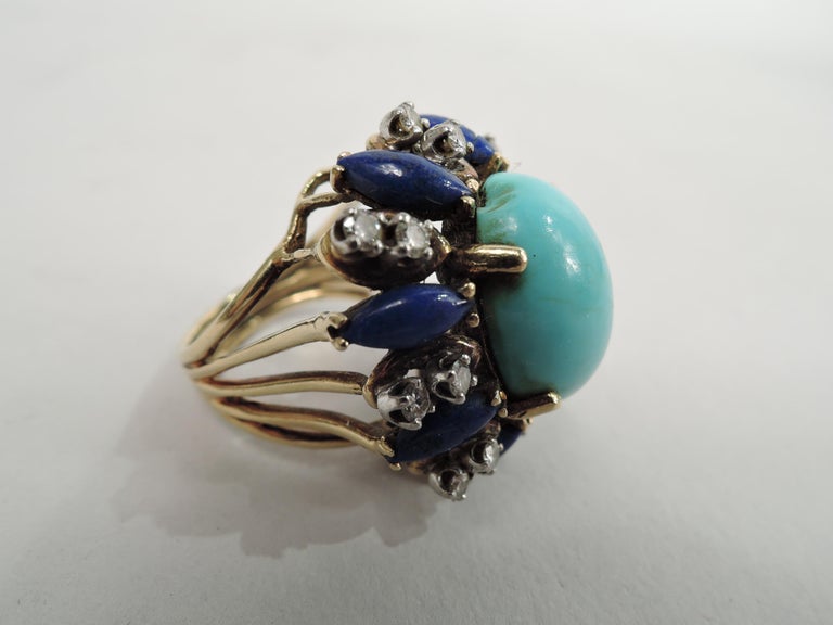 Bold American Modern Turquoise, Lapis, and Diamond Cocktail Ring In Good Condition For Sale In New York, NY