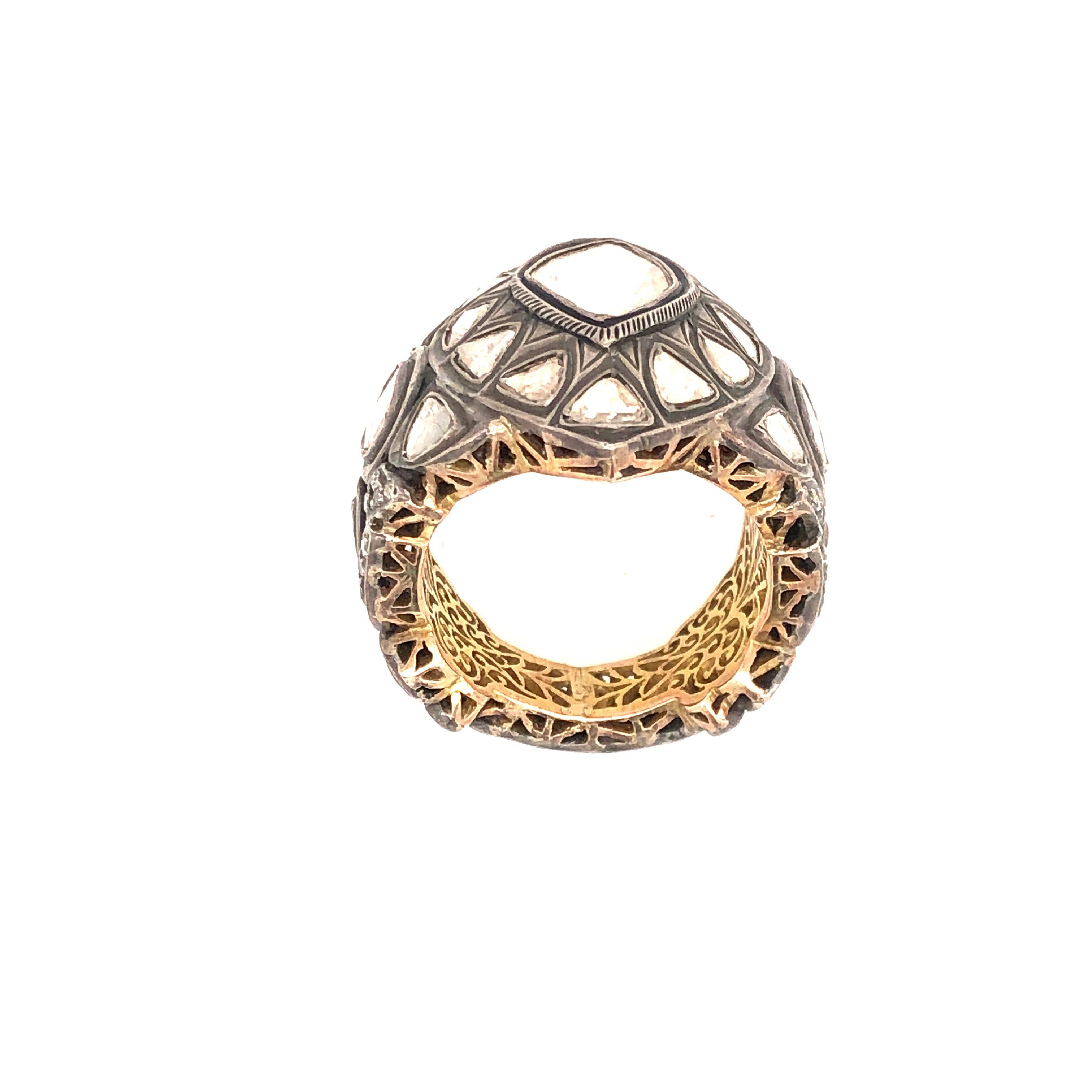 Mixed Cut Bold and Bright Looking Rosecut Diamond Silver Gold Ring For Sale