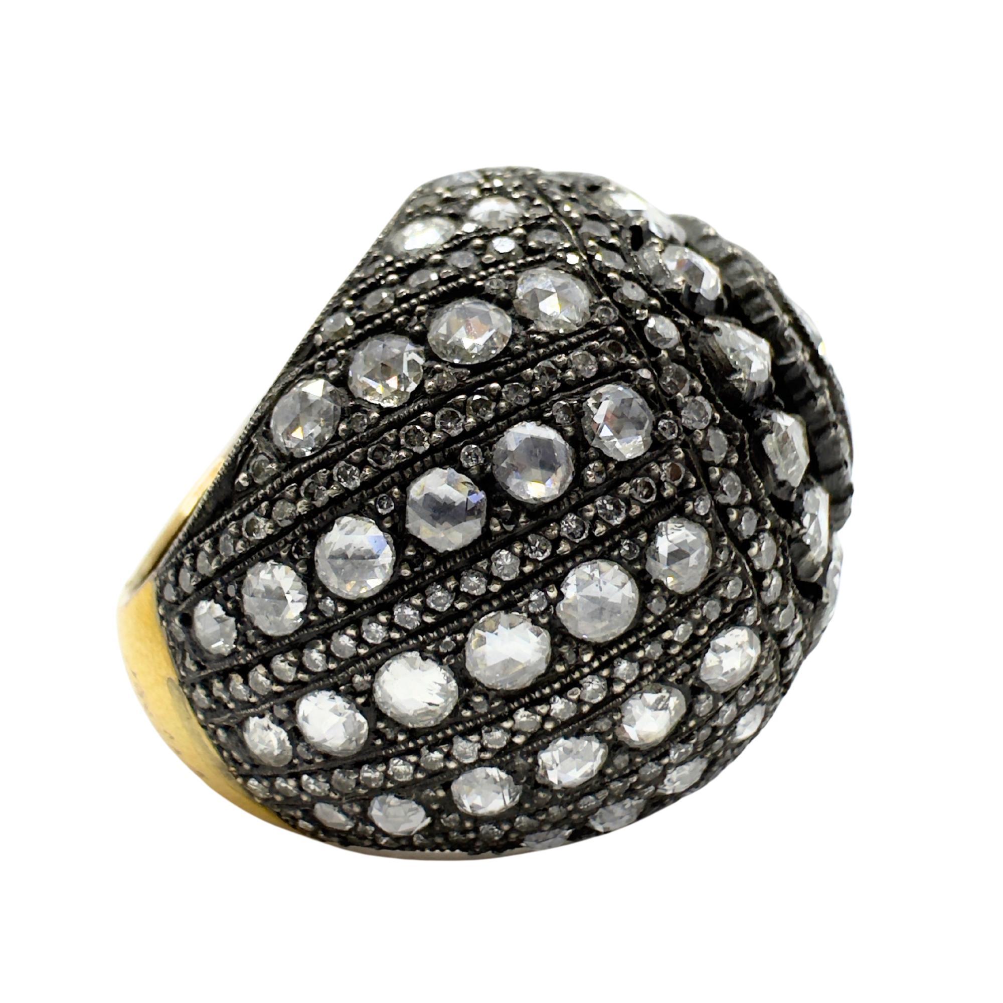 Bague de cocktail en or jaune 18K et argent avec diamant taillé en rose, audacieuse et lourde Pour femmes en vente