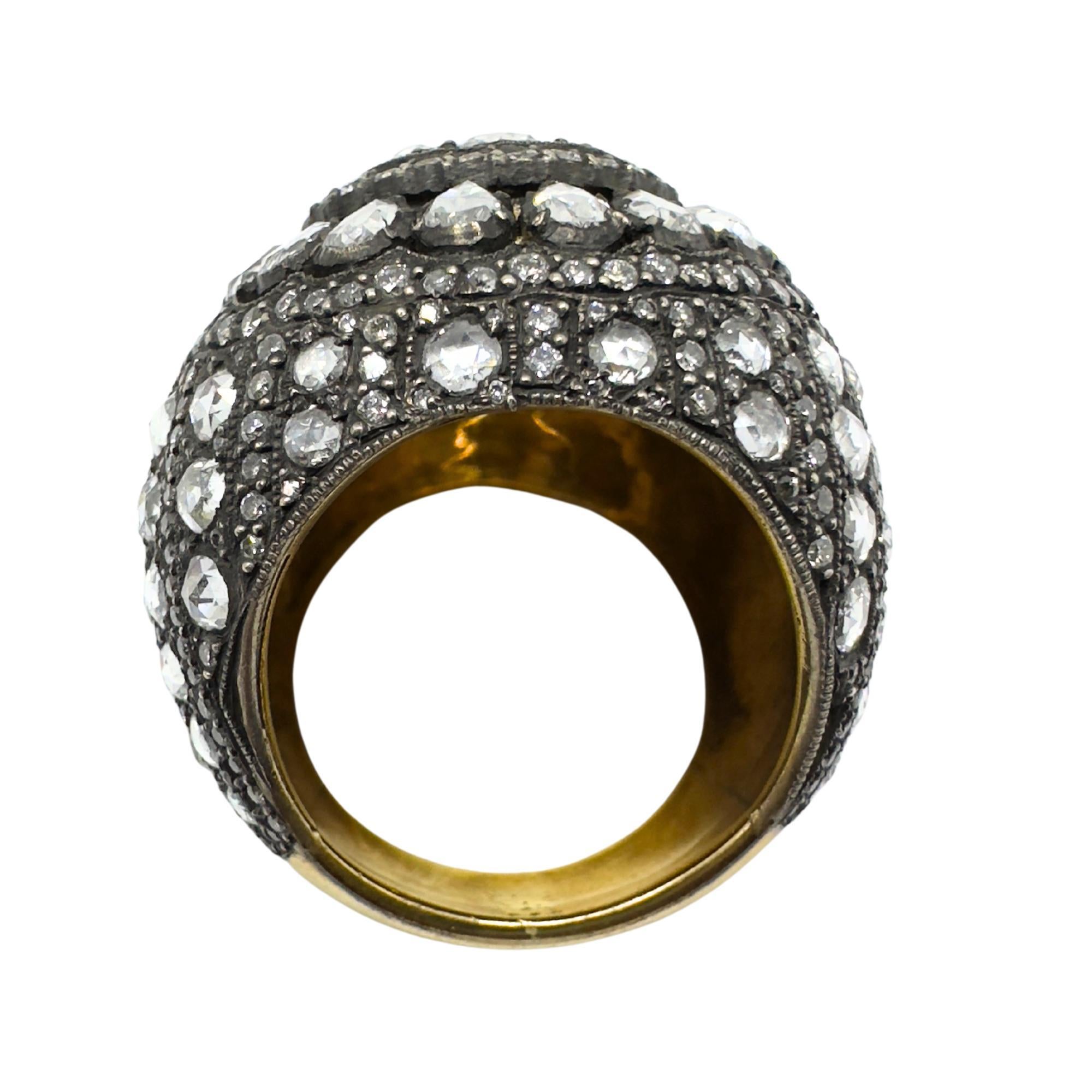 Bague de cocktail en or jaune 18K et argent avec diamant taillé en rose, audacieuse et lourde en vente 1