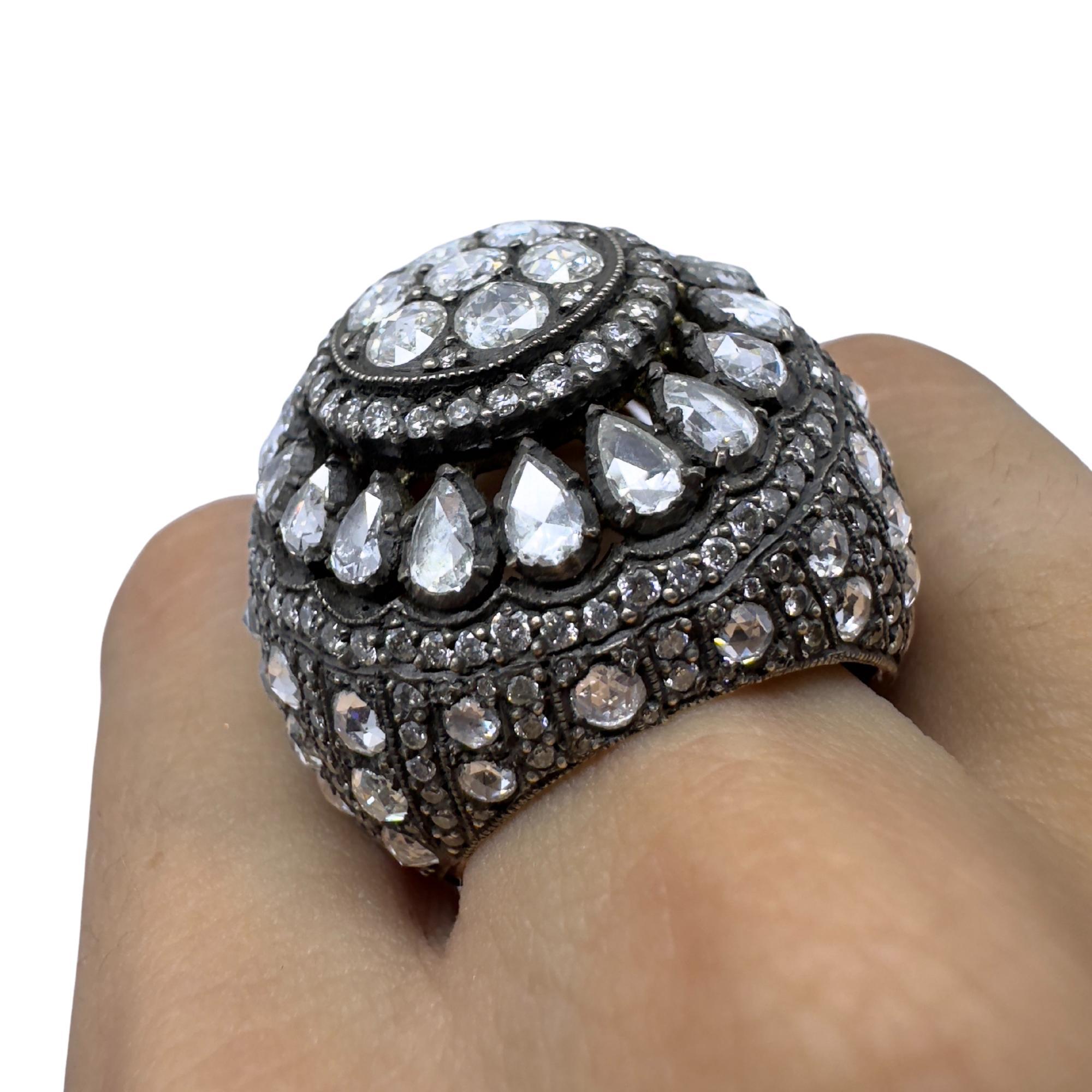 Bague de cocktail en or jaune 18K et argent avec diamant taillé en rose, audacieuse et lourde en vente 3