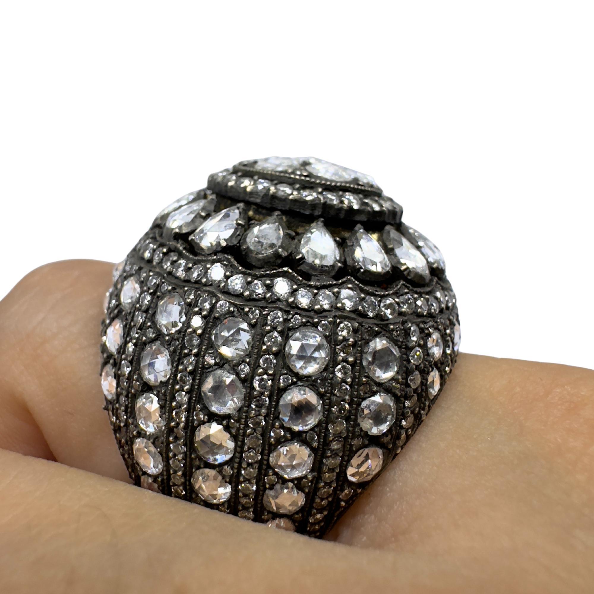 Bague de cocktail en or jaune 18K et argent avec diamant taillé en rose, audacieuse et lourde en vente 4