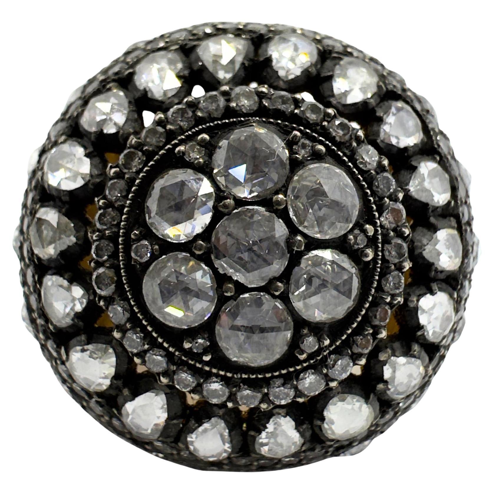 Bague de cocktail en or jaune 18K et argent avec diamant taillé en rose, audacieuse et lourde