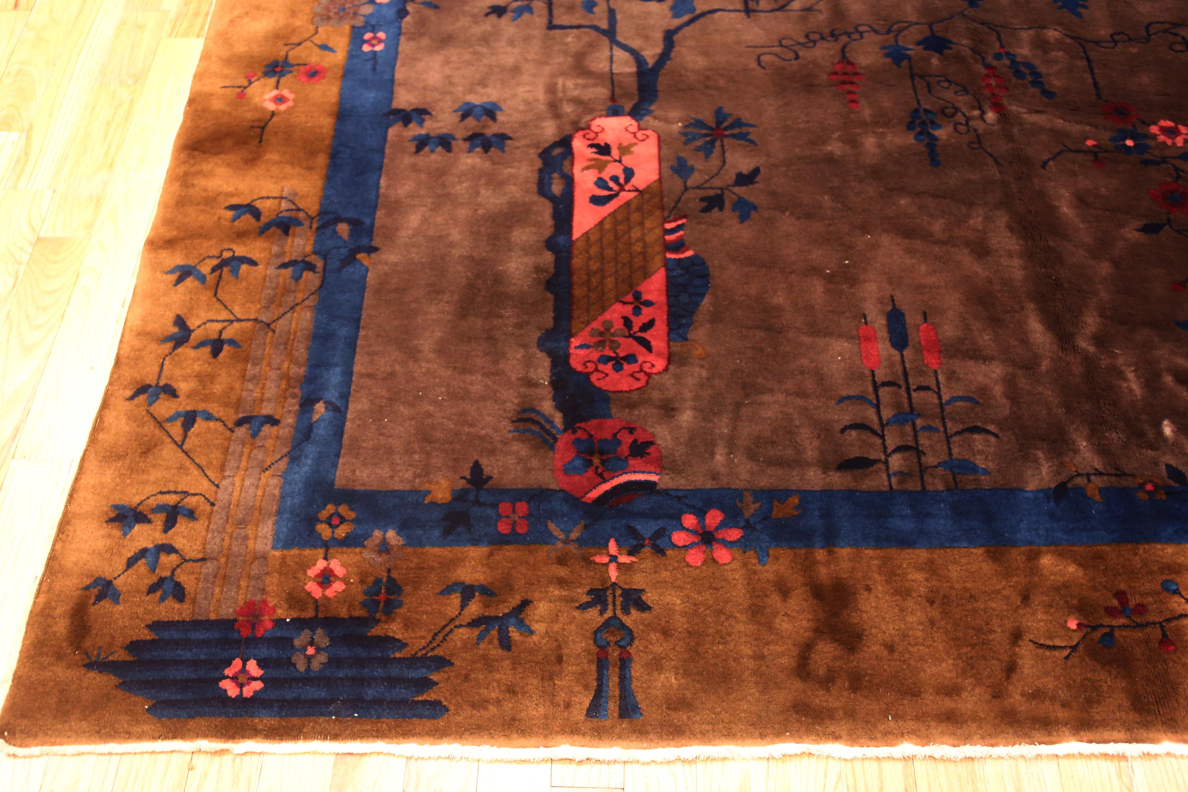 Hand-Knotted Bold Antique Chinese Art Deco Rug In Brown 8'10