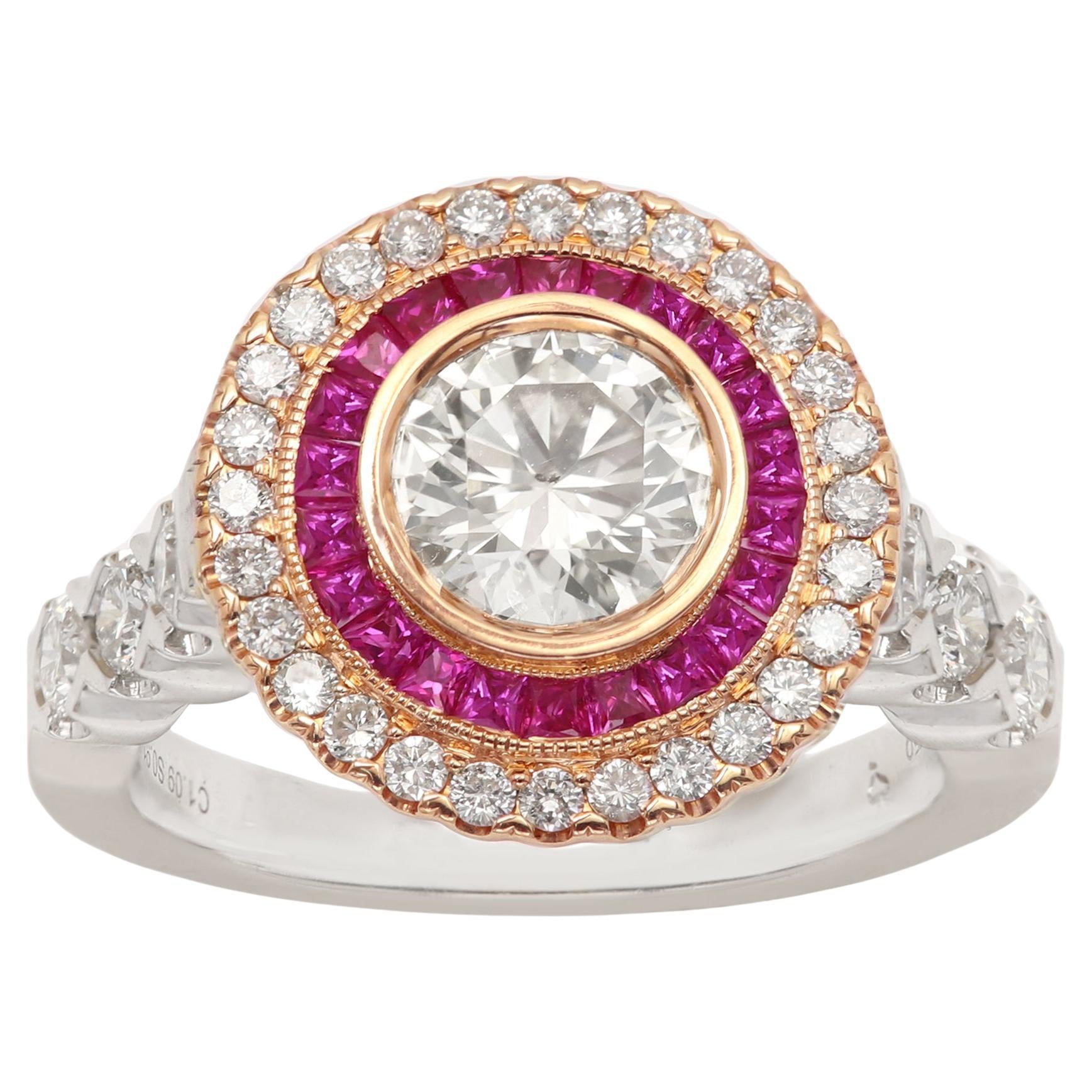 Bague Art Déco Rubis et diamant rond Or blanc et rose 18 carats Centre 1.09ct