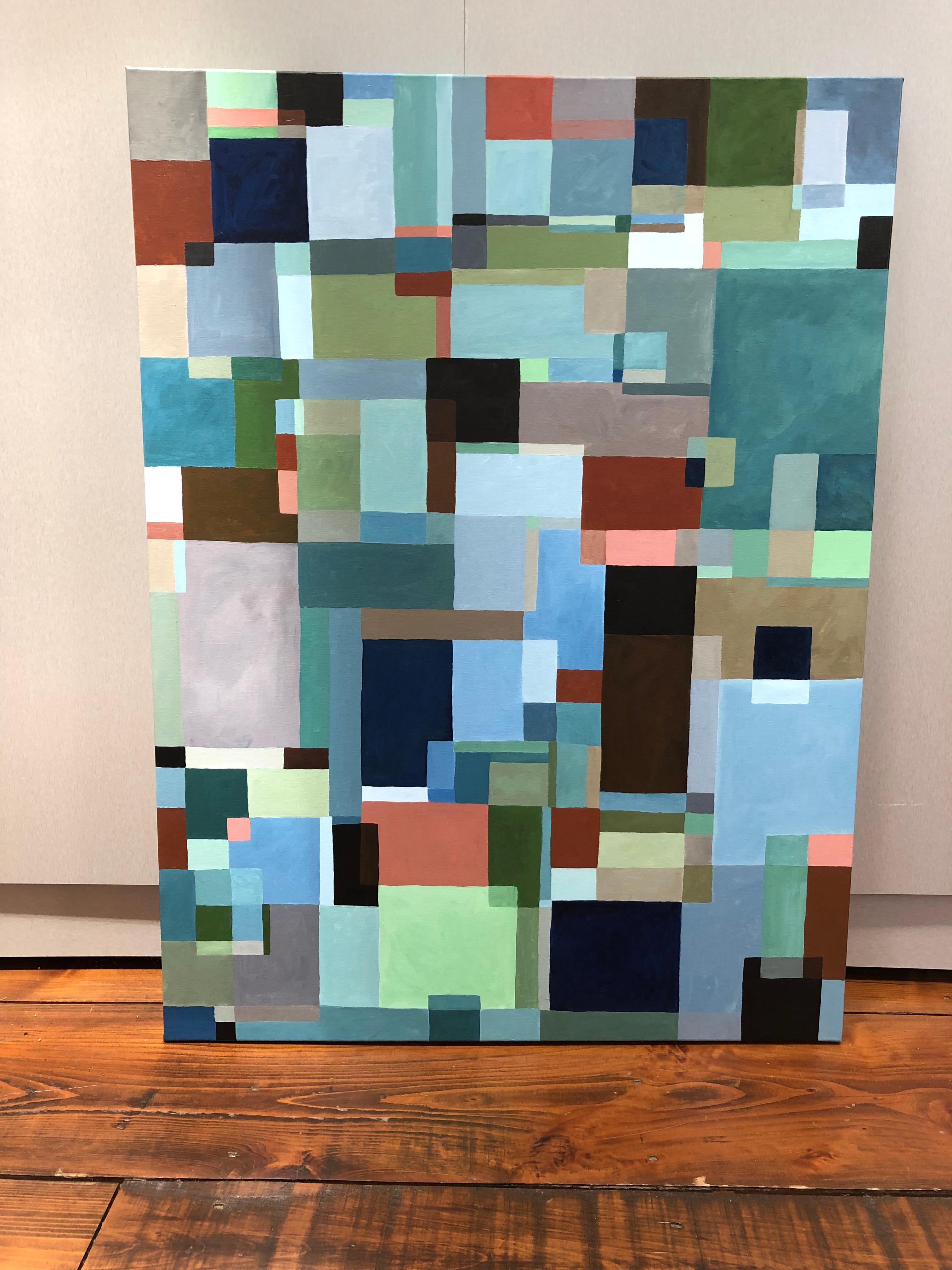 Grande peinture abstraite saisissante avec de multiples couches de rectangles qui se chevauchent et se mélangent dans un jeu mélodique textural. Les couleurs sont sourdes et terreuses, avec du brun, du bleu marine, du noir, du céladon, du bleu de