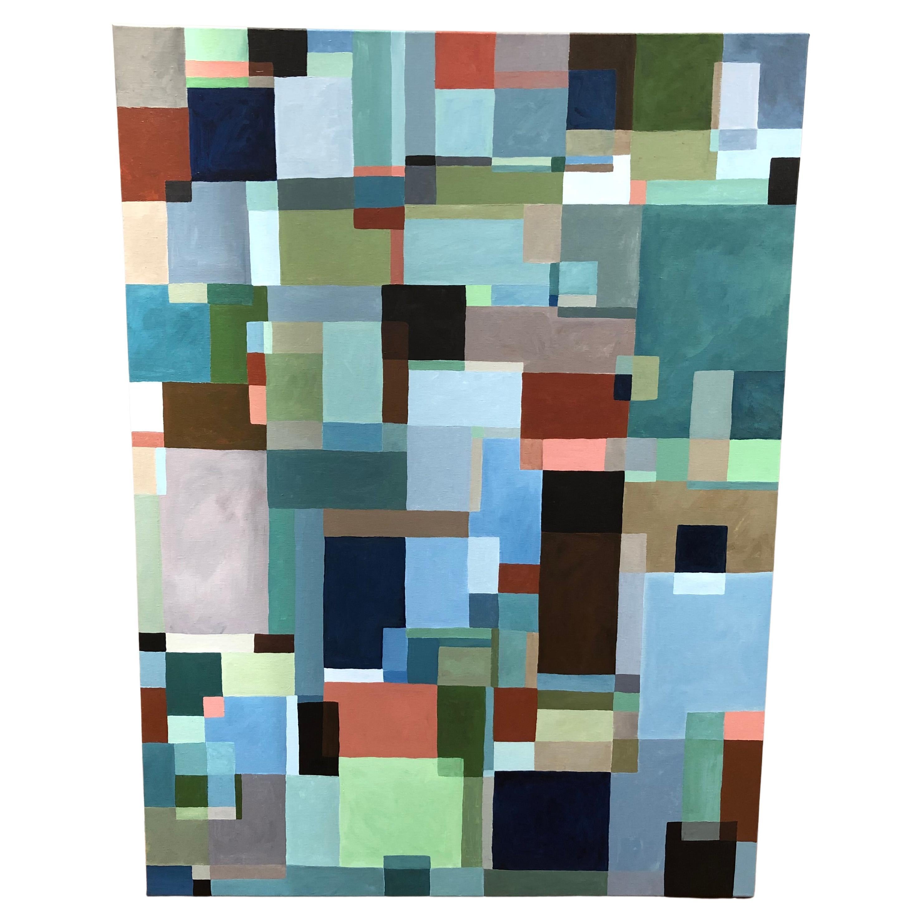 Peinture astracieuse audacieuse représentant des rectangles et des carrés superposés en vente