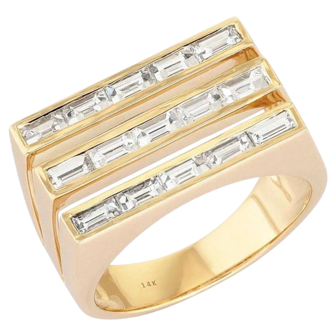 For Sale:  1.43ct Baguette Diamond Three Row 14K Yellow Gold Band Ring
