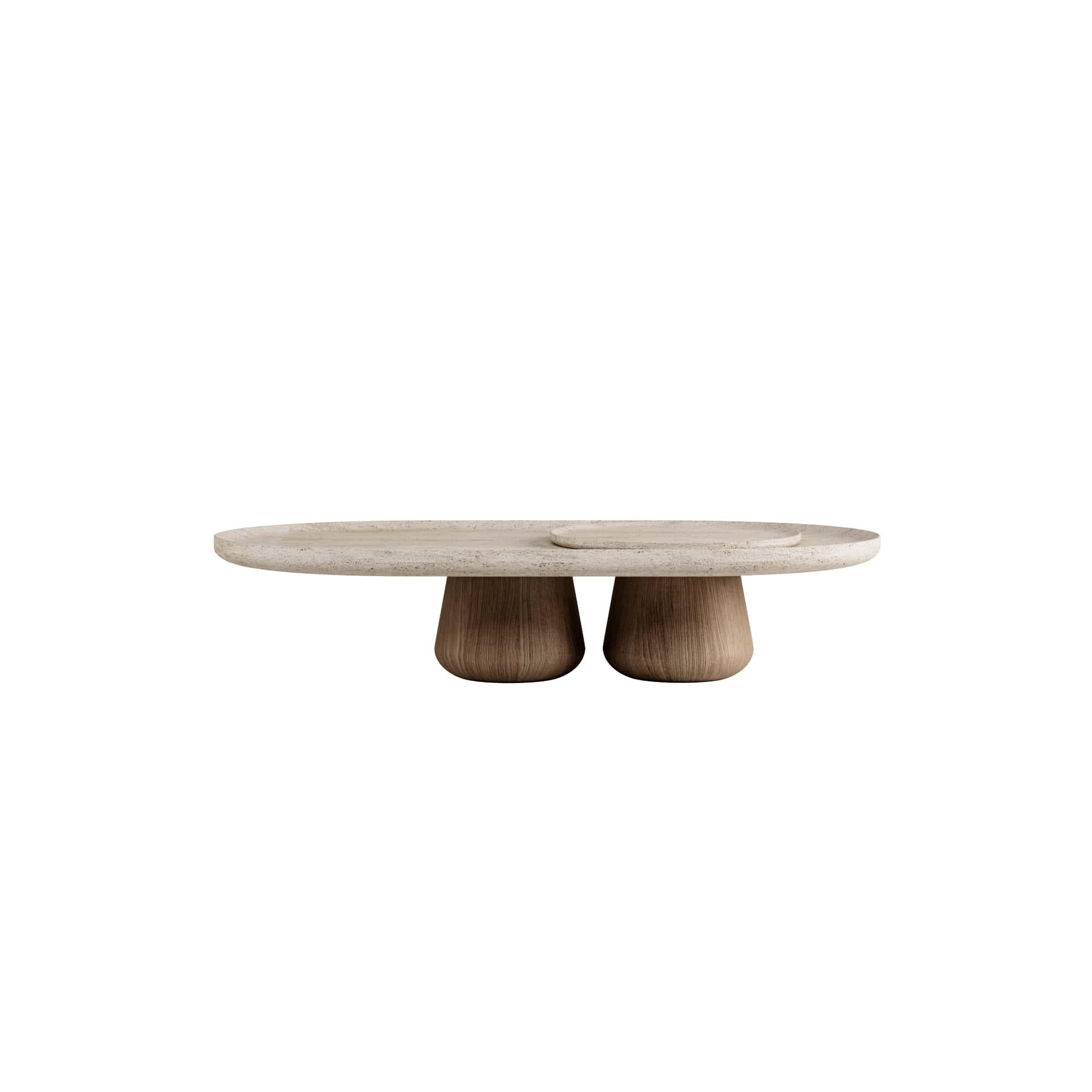 Der Bold Couchtisch Blend Large bietet ein harmonisches Gleichgewicht zwischen Holz und Marmor. Die Holzbeine werden mit einer eleganten Marmorplatte kombiniert, die in einer Reihe von Marmoroptionen erhältlich ist, darunter Travertin, Crema Marfil