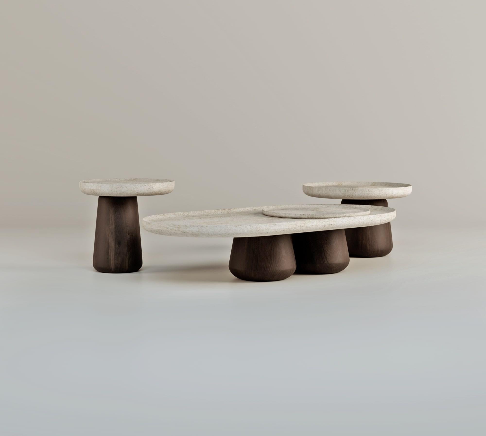 Contemporary Bold Blend Coffee Table Medium - Wood (Dark Finish) and Travertine For Sale