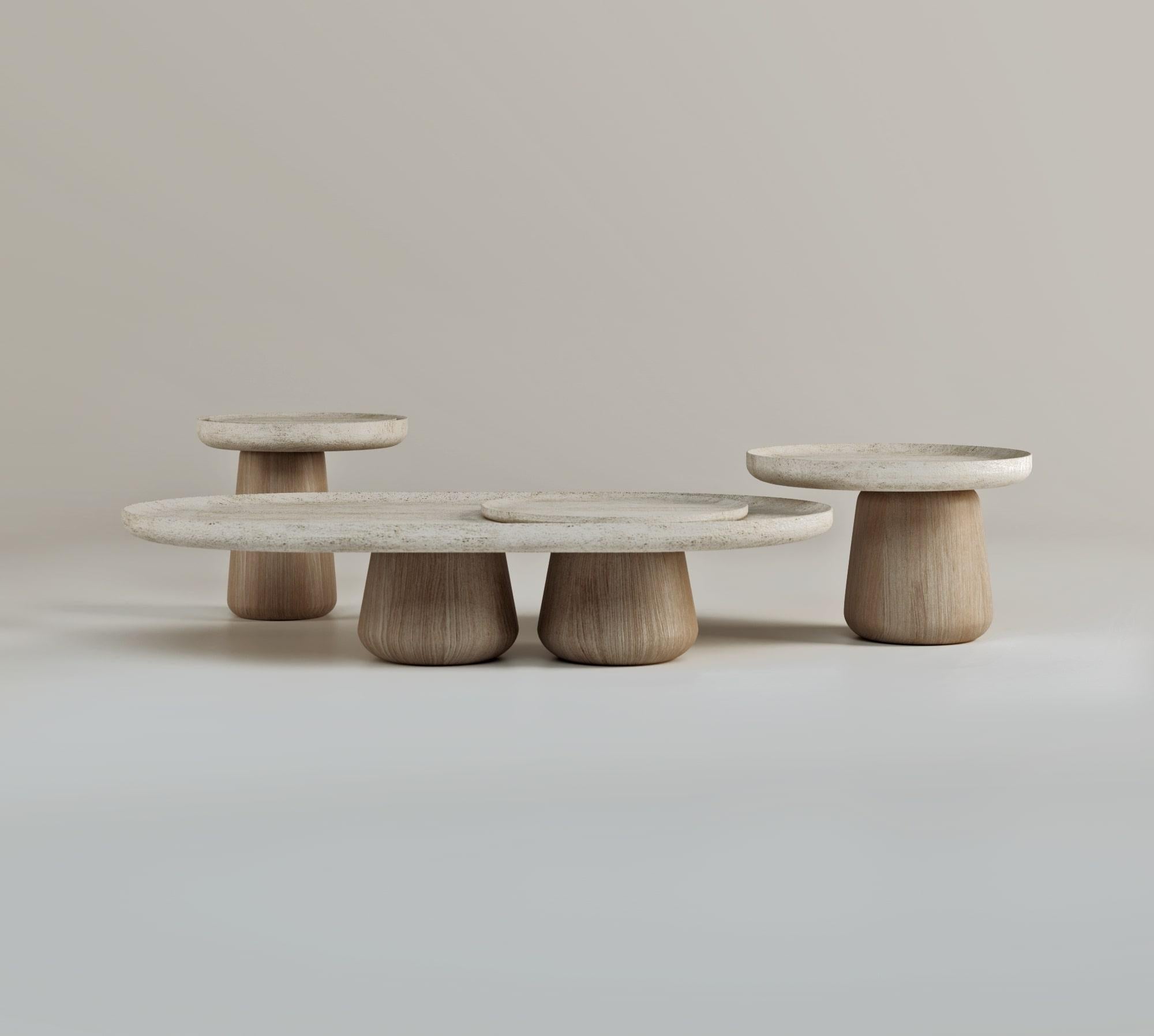 Contemporain Table basse Bold Blend Medium - Bois (finition moyenne) et travertin en vente