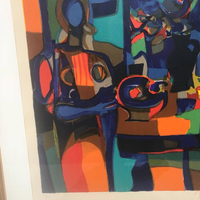 Mid-Century Modern Colorful Cubist Art Abstract Linocut Lithography Artist Signed Modern, 1960s For Sale