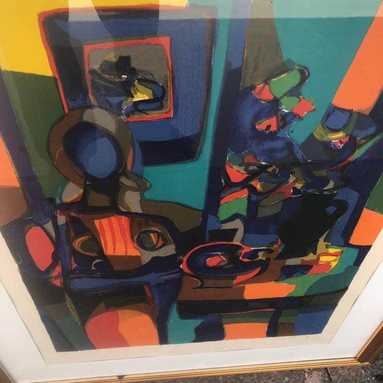 Canvas Colorful Cubist Art Abstract Linocut Lithography Artist Signed Modern, 1960s For Sale