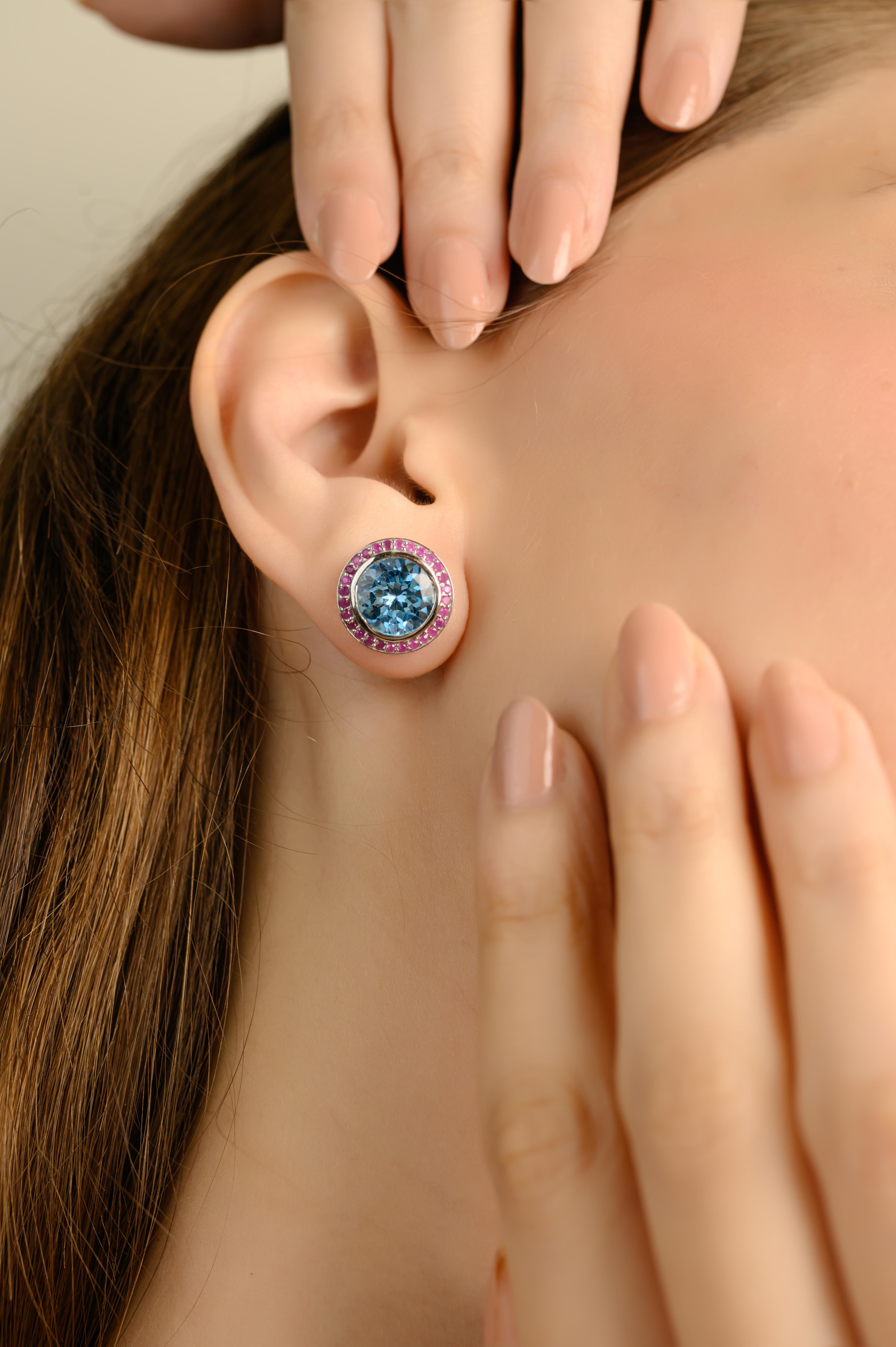 Taglio rotondo Audace Topazio Blu e Orecchini a cono di Rubino Regalo per Donne in Argento Sterling 925 in vendita