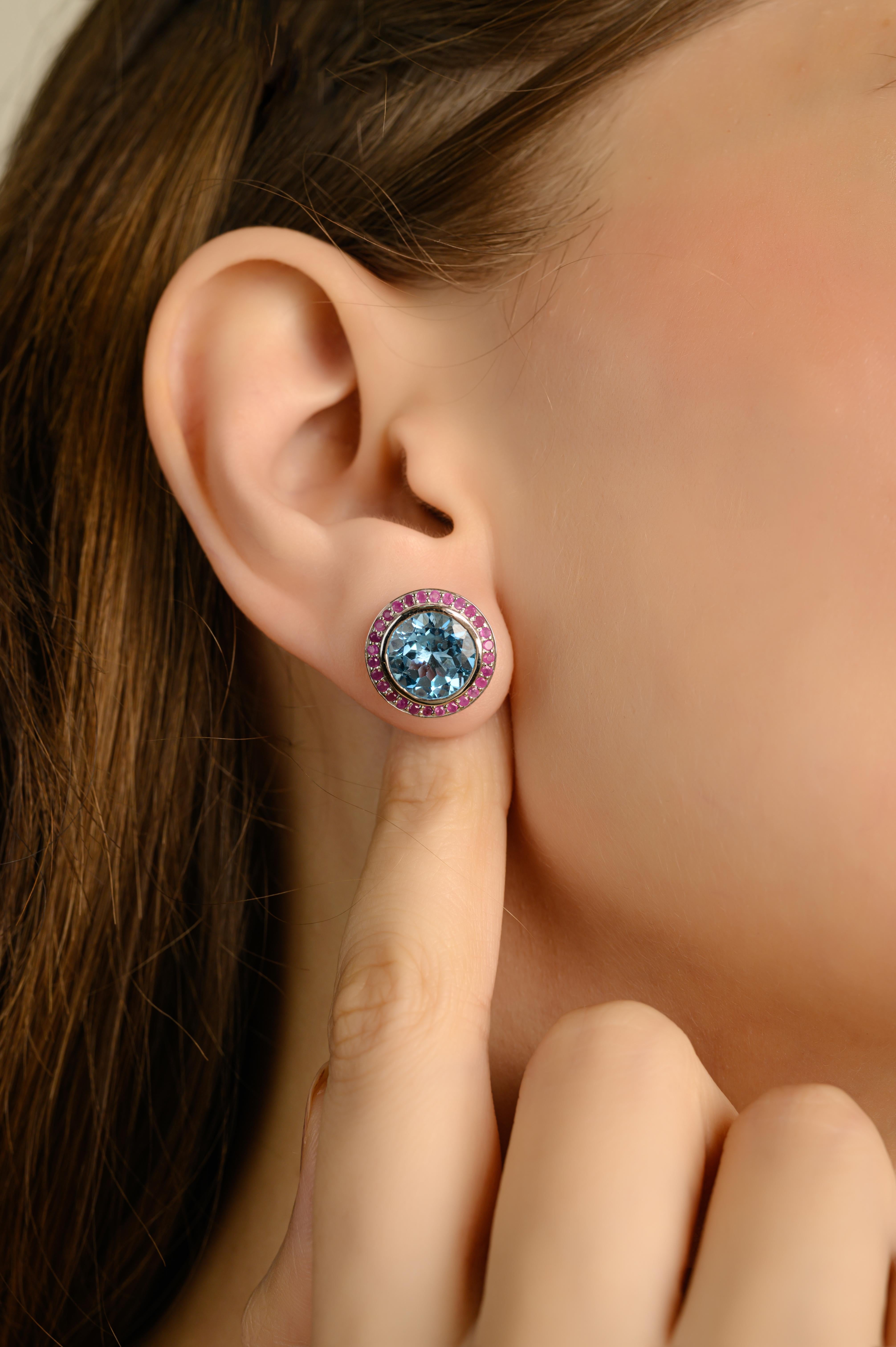Donna Audace Topazio Blu e Orecchini a cono di Rubino Regalo per Donne in Argento Sterling 925 in vendita