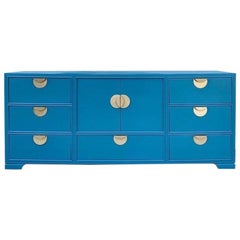 Bold Brass and Blue Lacquered Dresser Credenza