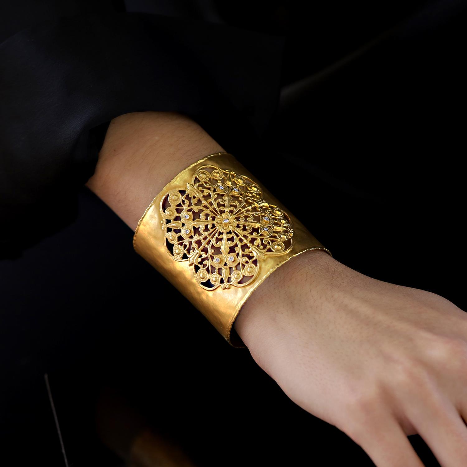 Etruscan Revival Bold Byzantine Wide Cuff 14k Gold Bangle Bracelet