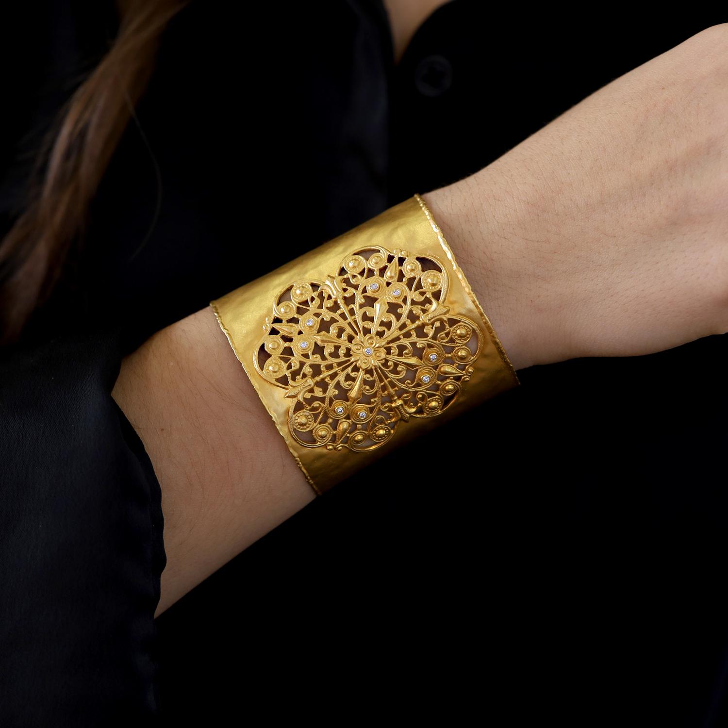 Brilliant Cut Bold Byzantine Wide Cuff 14k Gold Bangle Bracelet