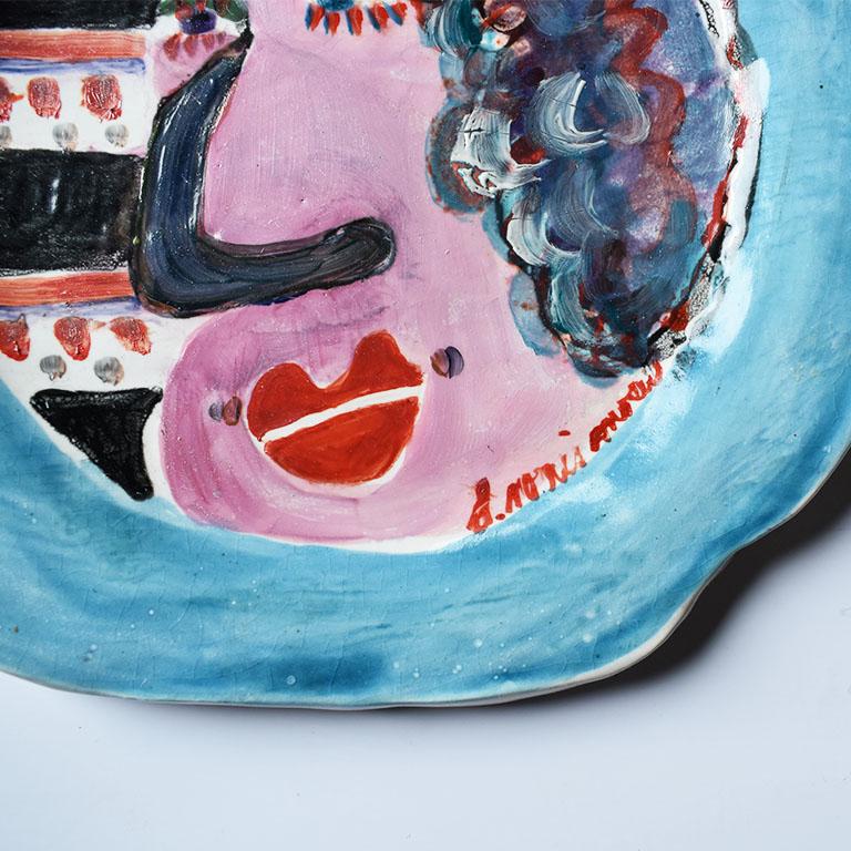Post-Modern Bold Colorful Modernist Ceramic Hanging Portrait Plate after Jean Cocteau For Sale