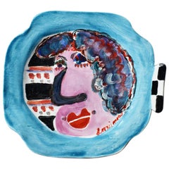 Vintage Bold Colorful Modernist Ceramic Hanging Portrait Plate after Jean Cocteau