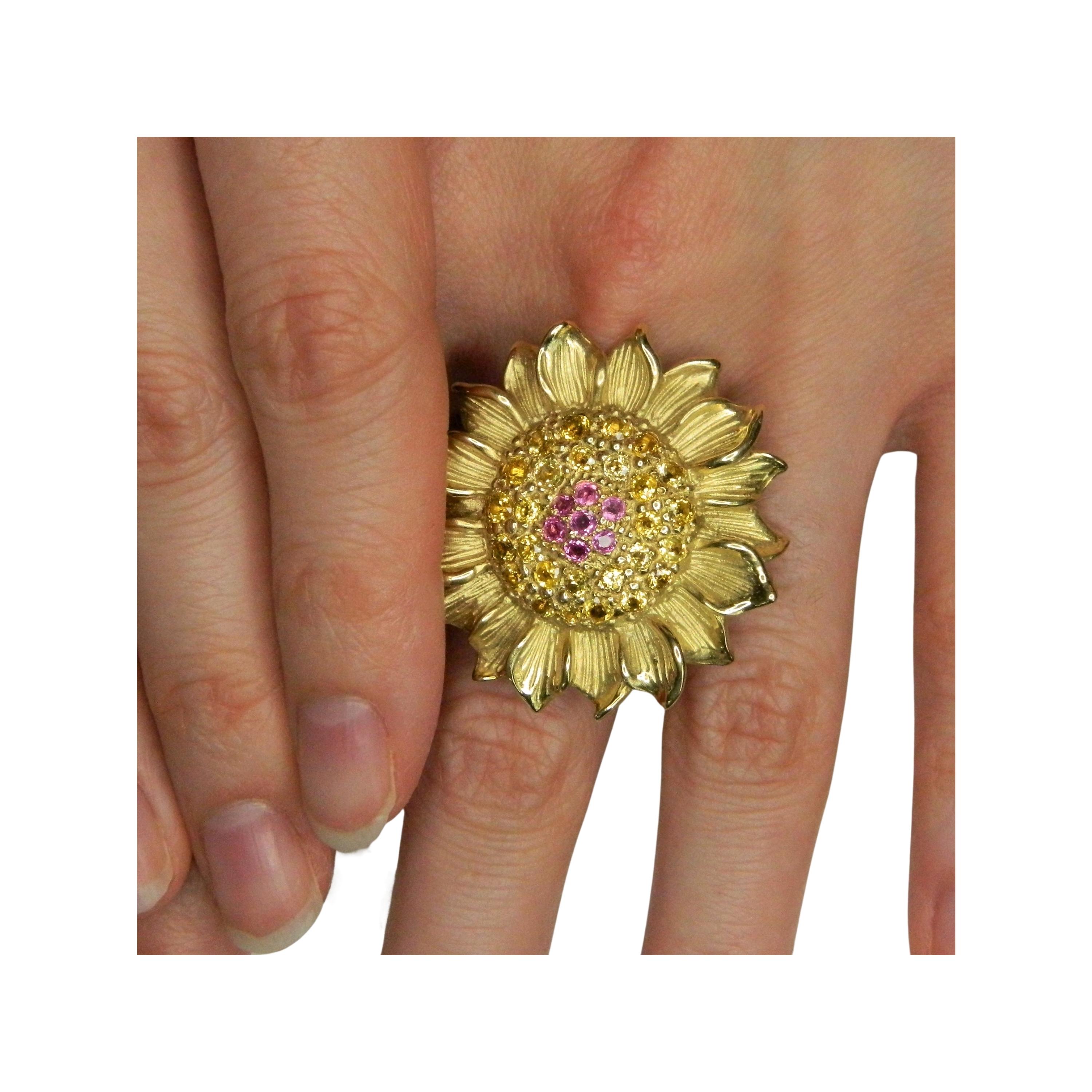 Contemporary Bold Colorful Pink and Yellow Sapphire Large 14K Gold Sunflower Statement Ring  For Sale
