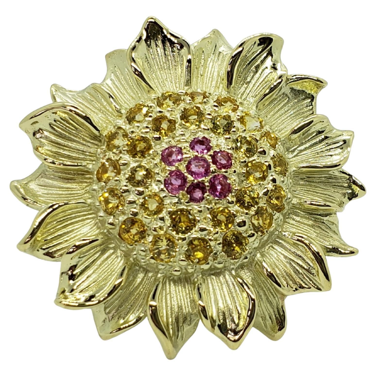 Bold Colorful Pink and Yellow Sapphire Large 14K Gold Sunflower Statement Ring  For Sale