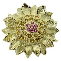 Bold Colorful Pink and Yellow Sapphire Large 14K Gold Sunflower Statement Ring 