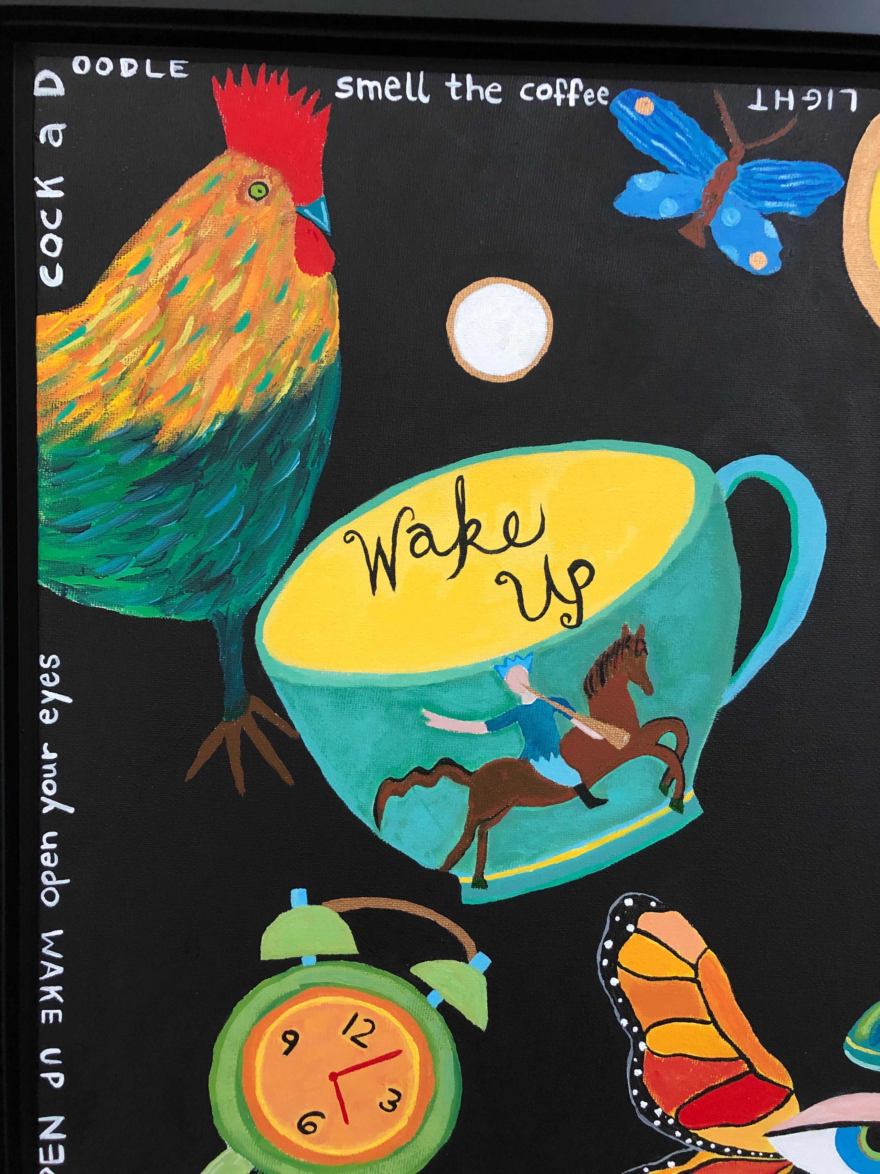 Fun and thought provoking bold painting on canvas with the message Wake Up as a call to awakening greater awareness. Beautiful contemporary double black frame.