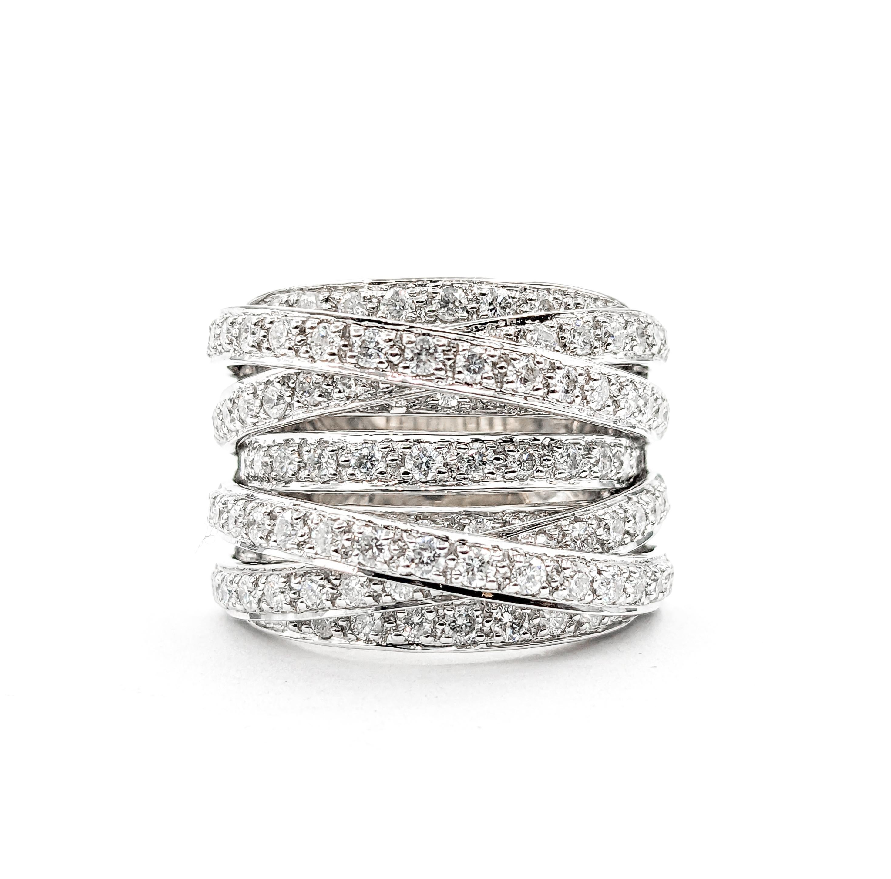 Bold Crossover Diamond Wide Band Ring In white Gold For Sale 6